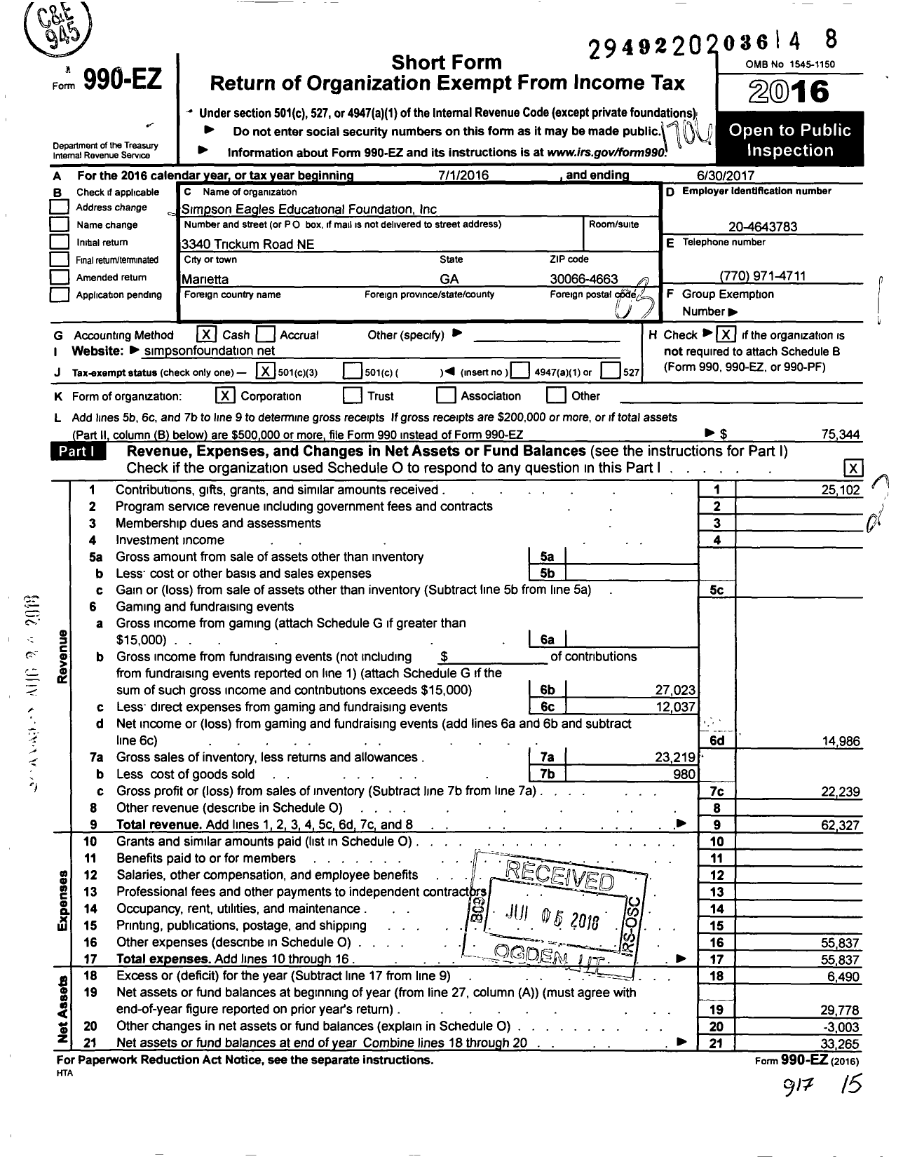 Image of first page of 2016 Form 990EZ for Simpson Eagles Educational Foundation