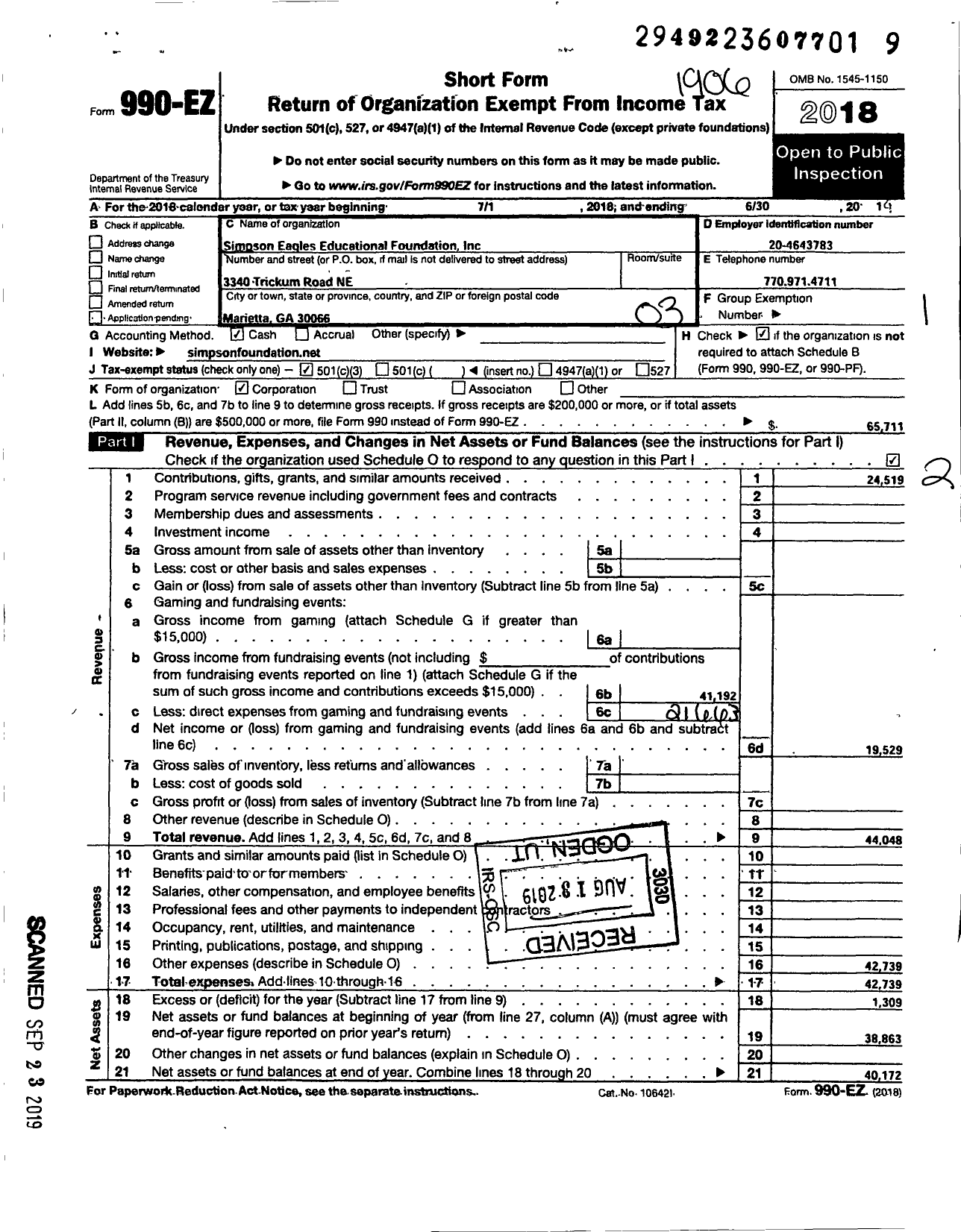 Image of first page of 2018 Form 990EZ for Simpson Eagles Educational Foundation