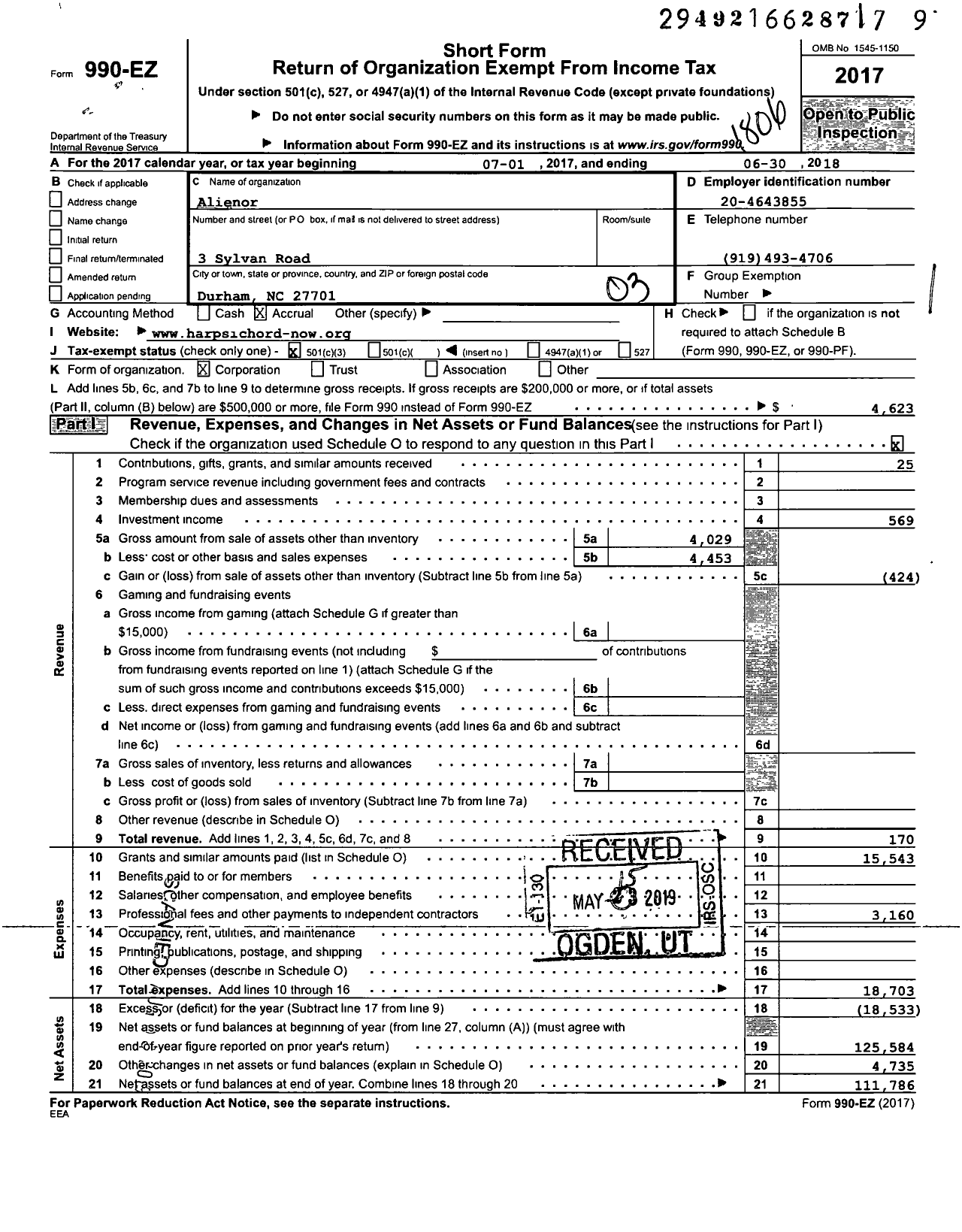 Image of first page of 2017 Form 990EZ for Alienor