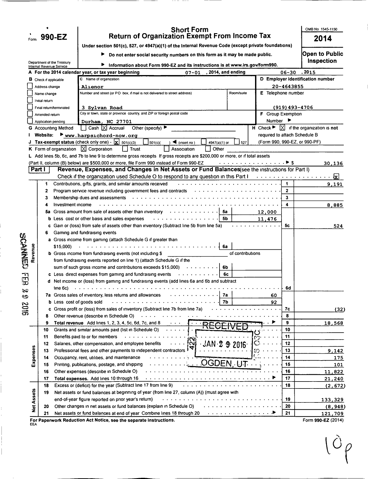 Image of first page of 2014 Form 990EZ for Alienor