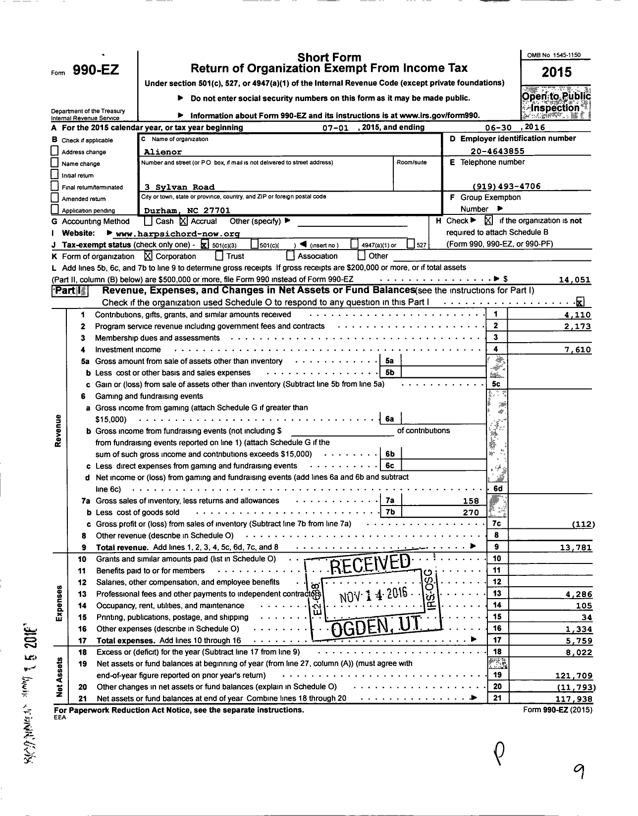 Image of first page of 2015 Form 990EZ for Alienor