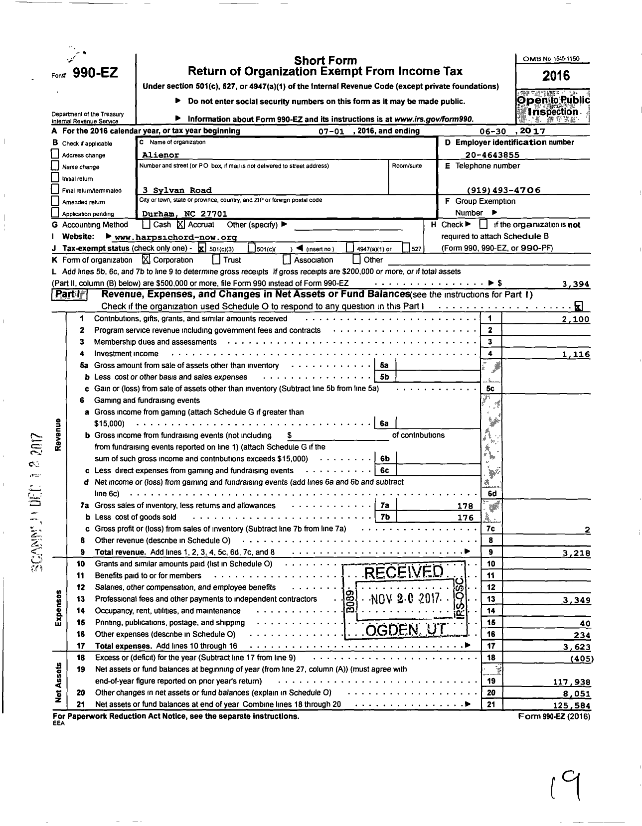 Image of first page of 2016 Form 990EZ for Alienor