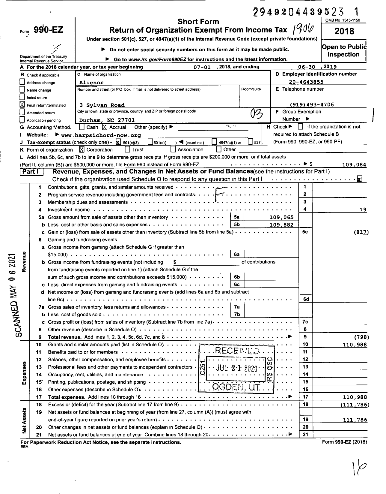 Image of first page of 2018 Form 990EZ for Alienor