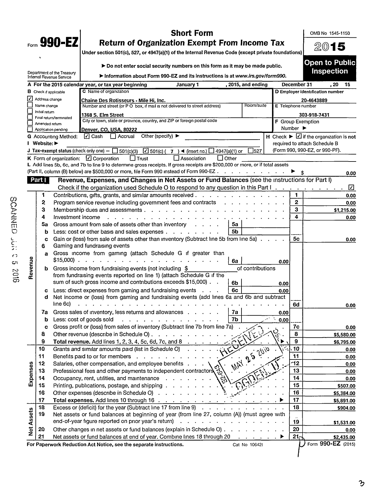 Image of first page of 2015 Form 990EO for Confrerie Des La Chaine Des Rotisseurs / Chaine Des Rotisseurs - Mile Hi Inc