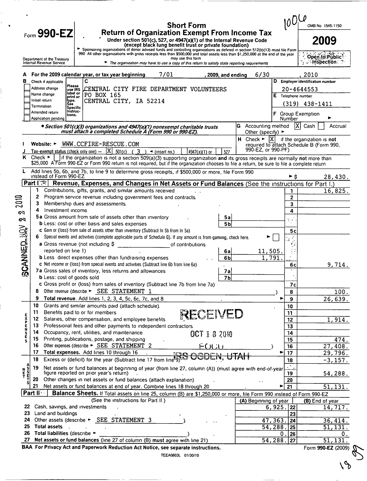 Image of first page of 2009 Form 990EZ for Central City Fire Department Volunteers