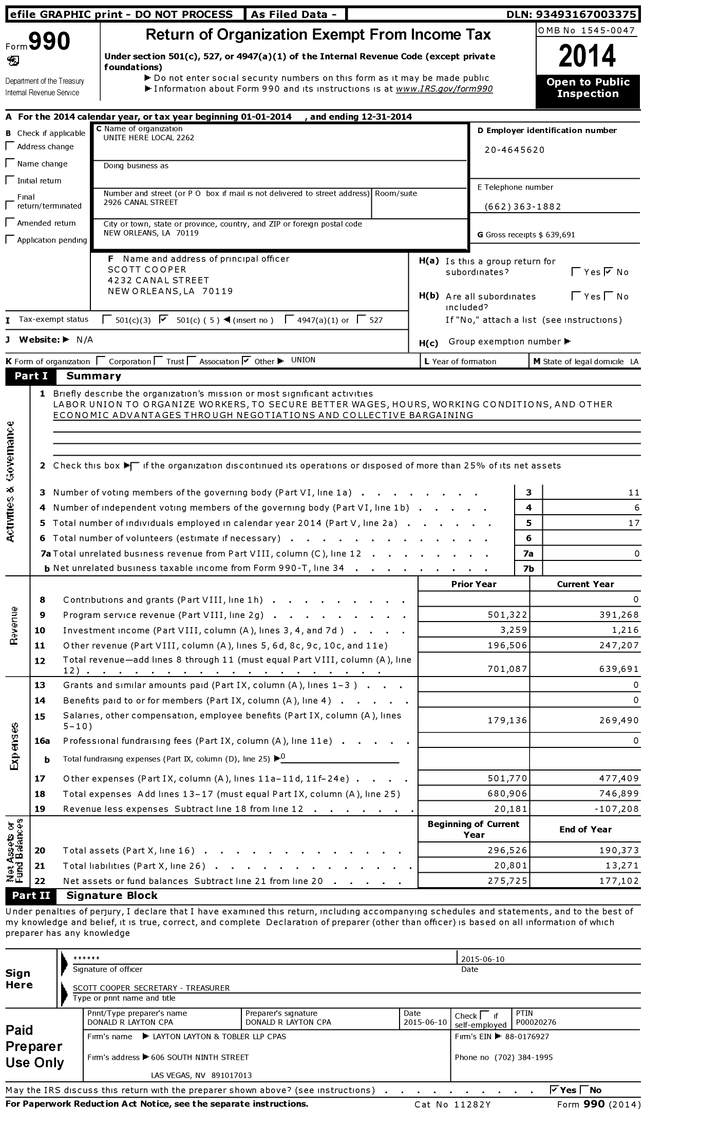 Image of first page of 2014 Form 990O for Unite Here - 2262 Local