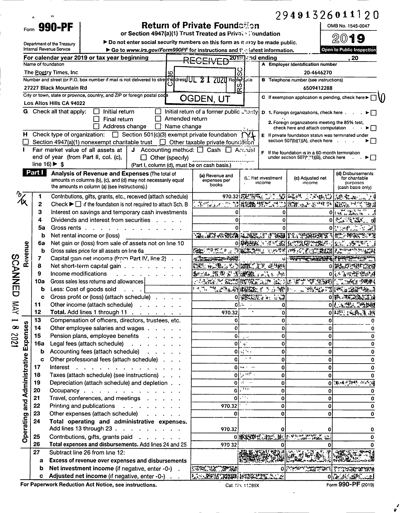 Image of first page of 2019 Form 990PF for The Poetry Times