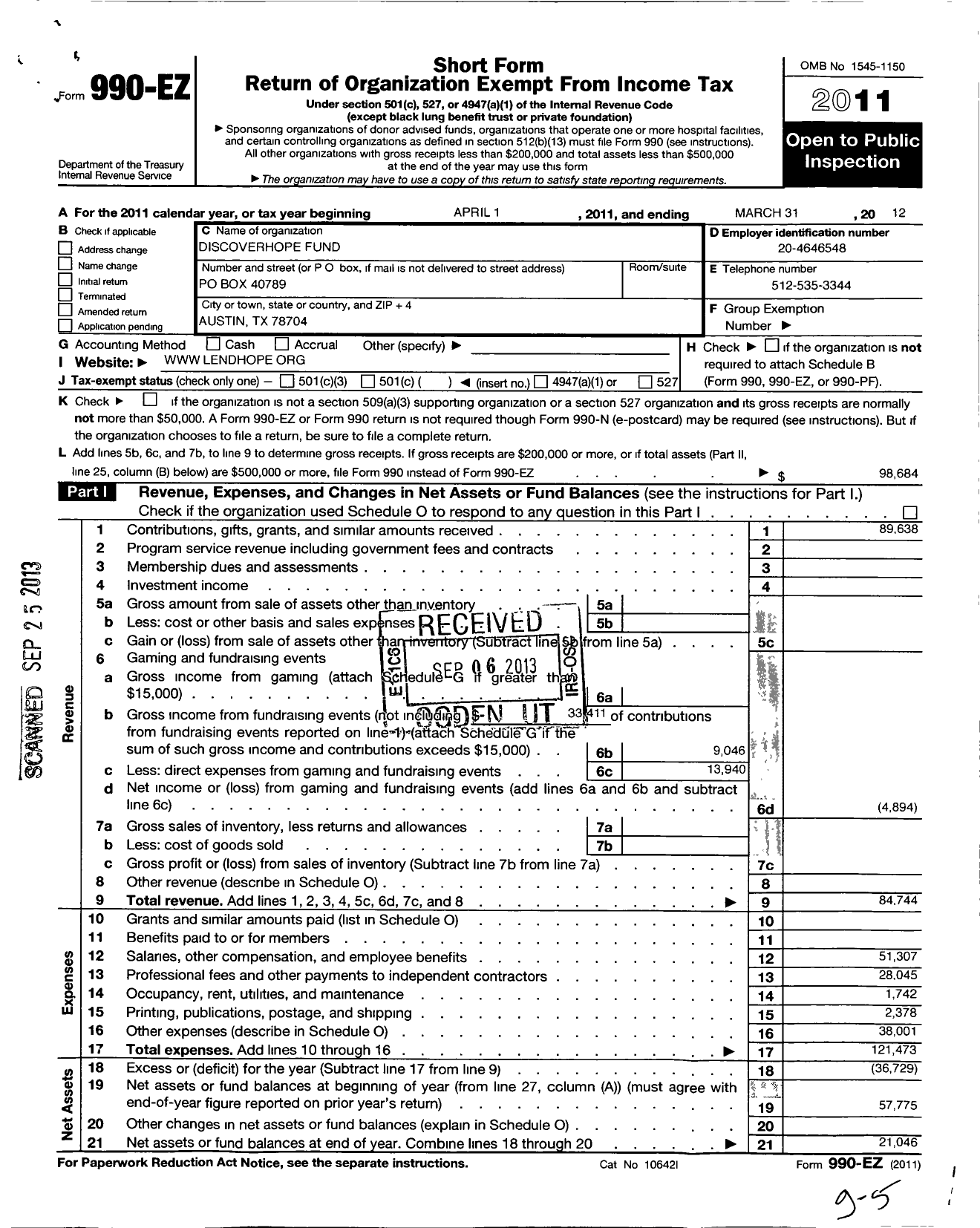 Image of first page of 2011 Form 990EO for Discoverhope Fund