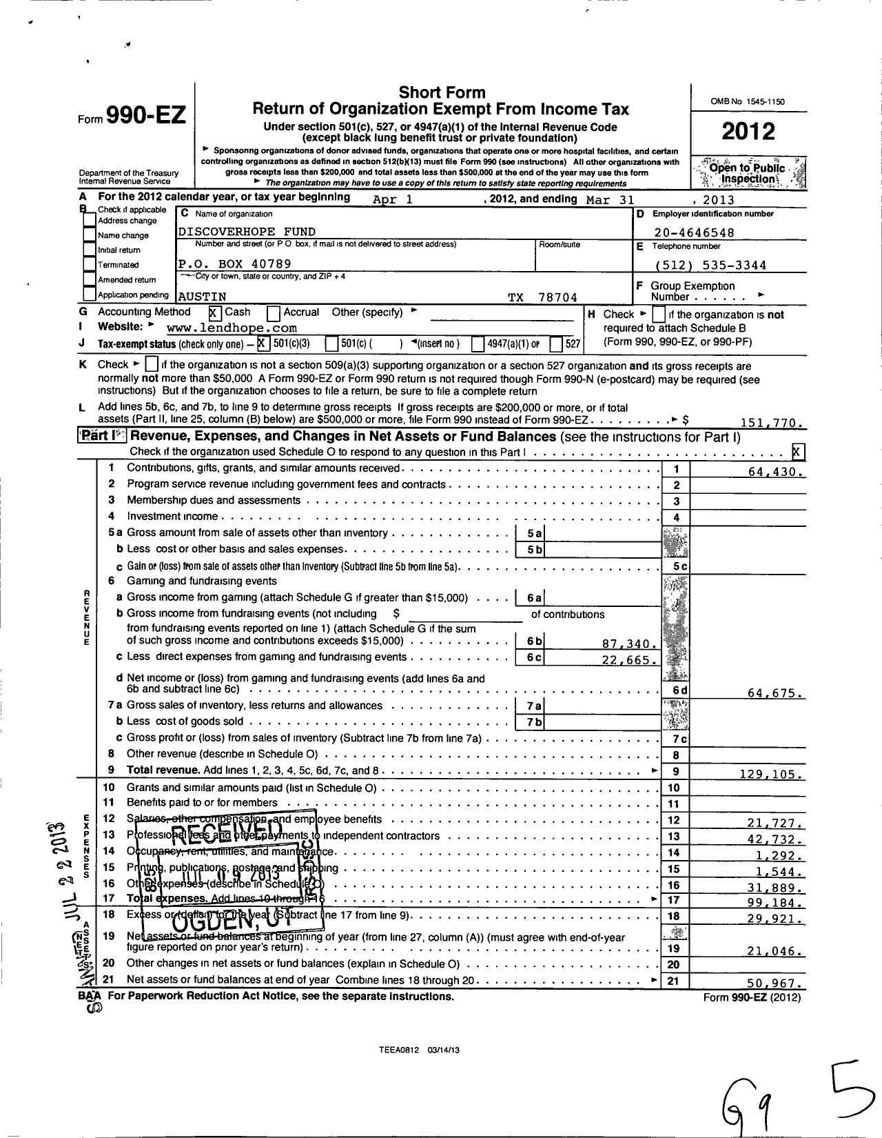 Image of first page of 2012 Form 990EZ for Discoverhope Fund