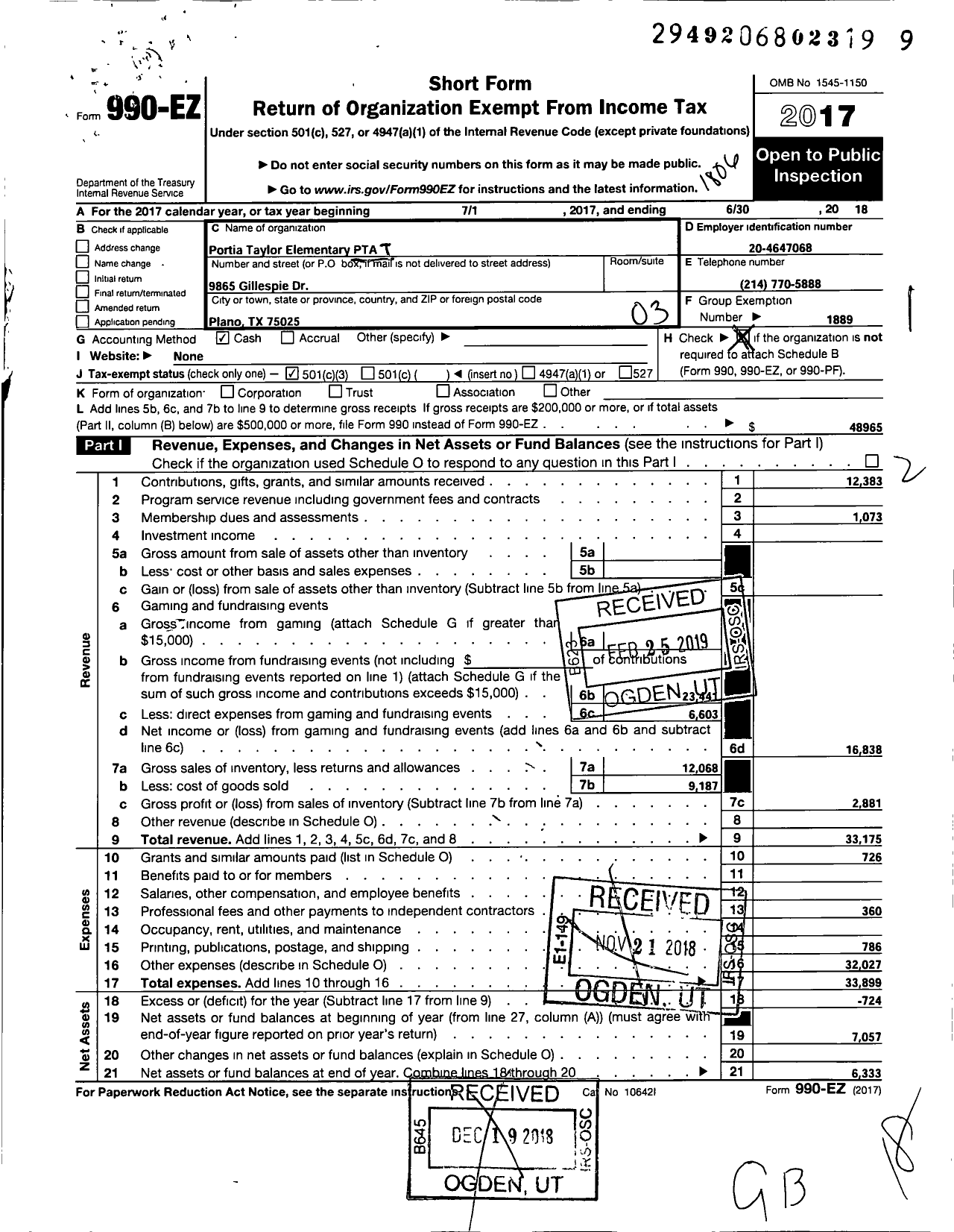 Image of first page of 2017 Form 990EZ for TEXAS PTA - Portia Taylor Elementary PTA