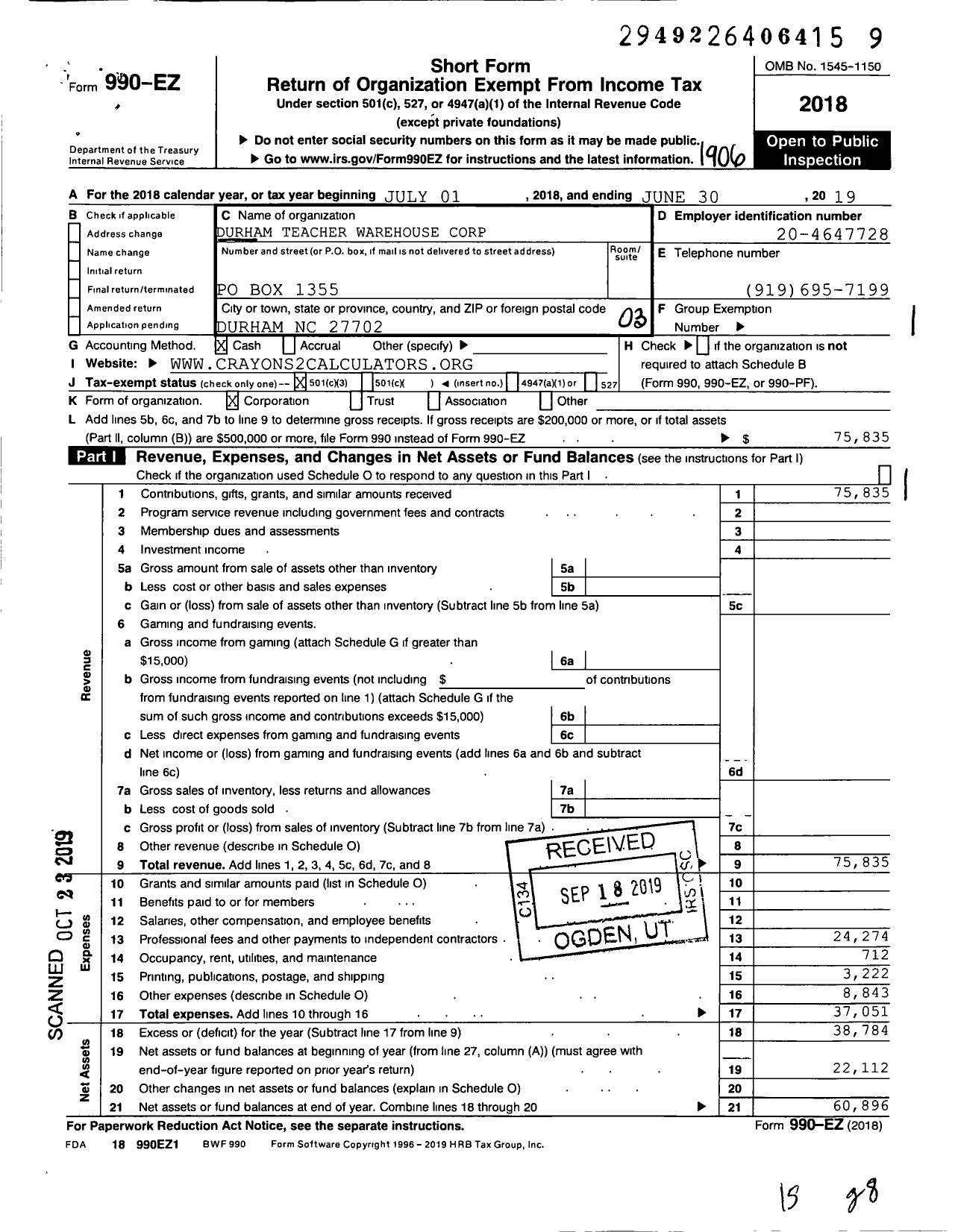 Image of first page of 2018 Form 990EZ for Crayons2calculators