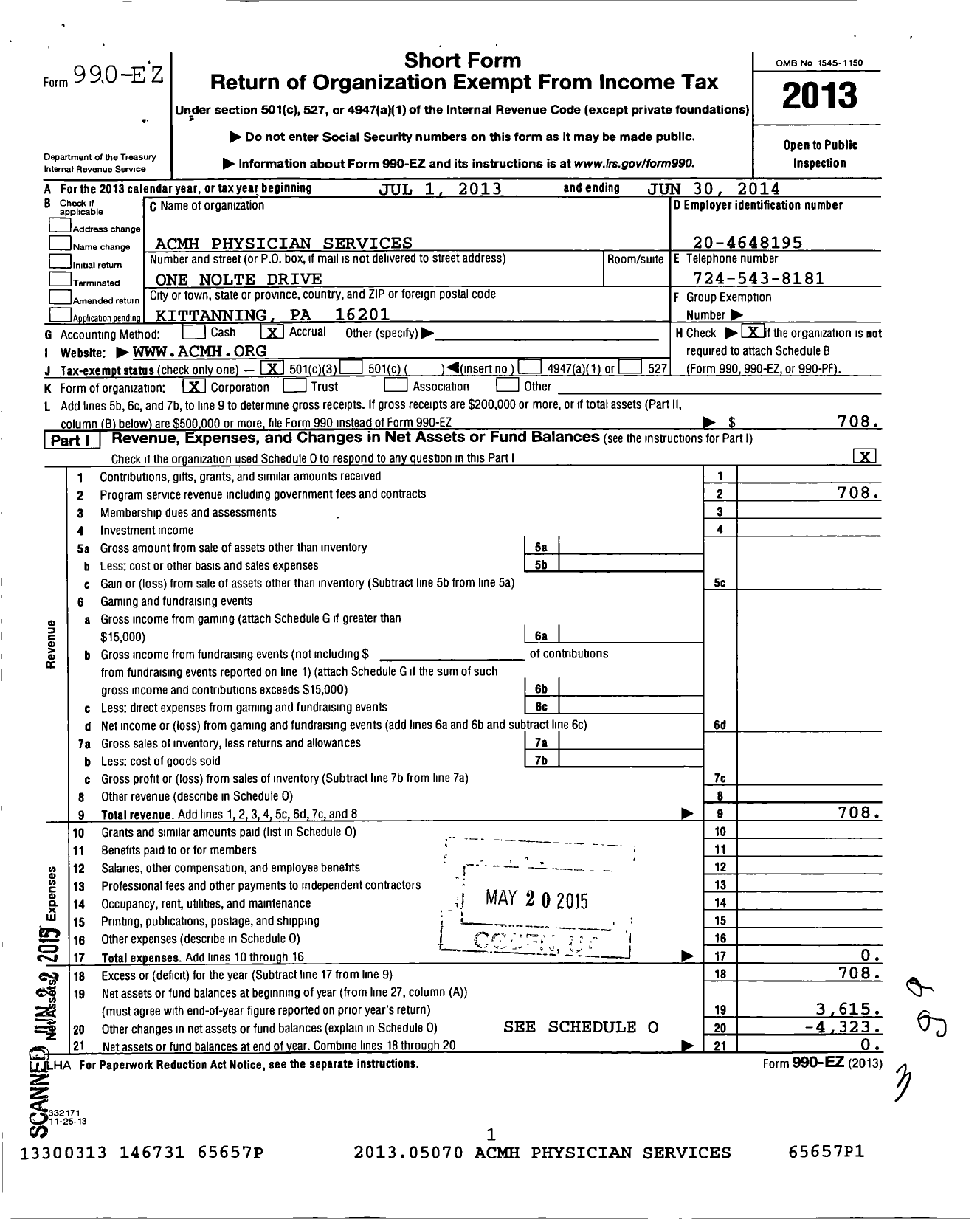 Image of first page of 2013 Form 990EZ for Acmh Physician Services
