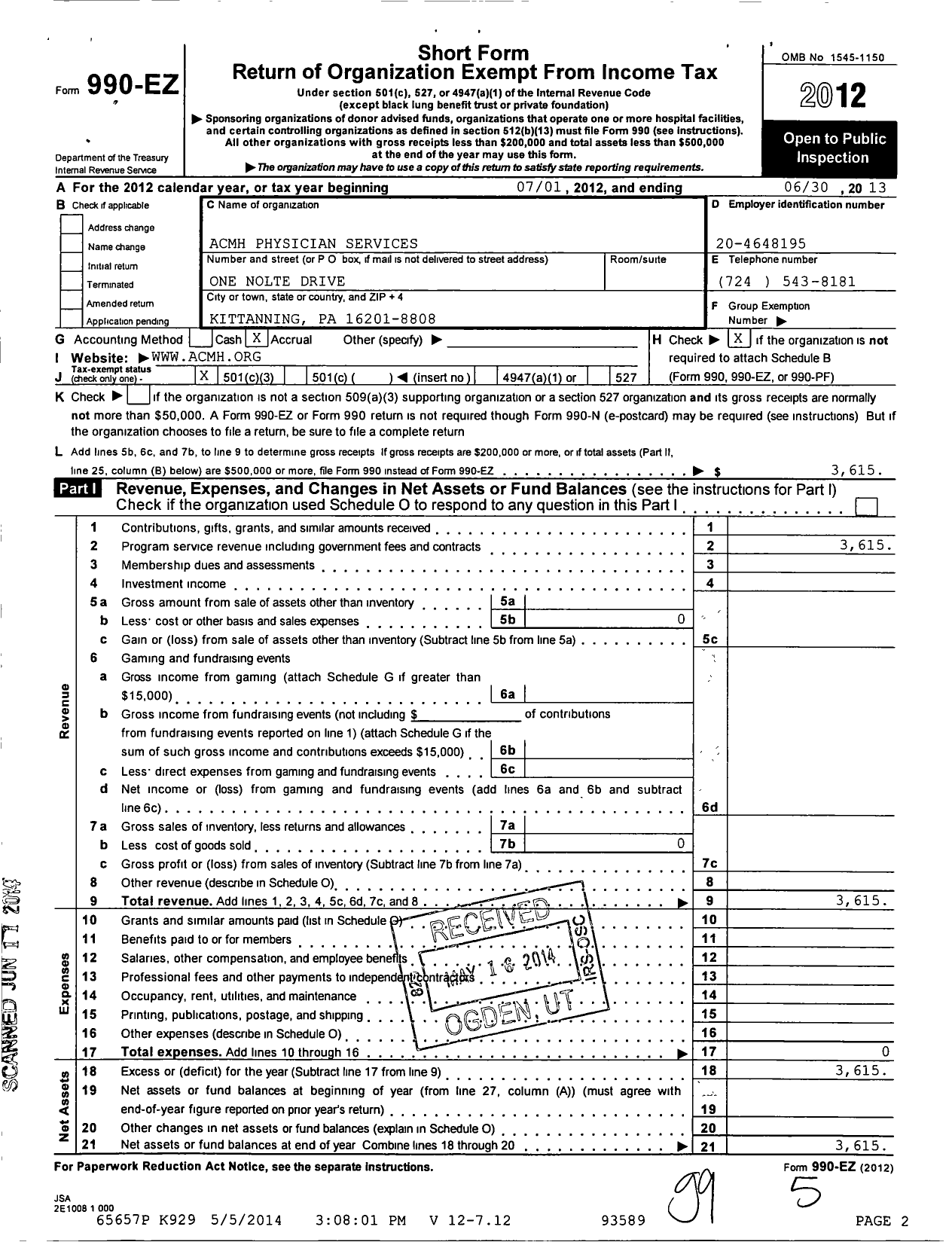 Image of first page of 2012 Form 990EZ for Acmh Physician Services