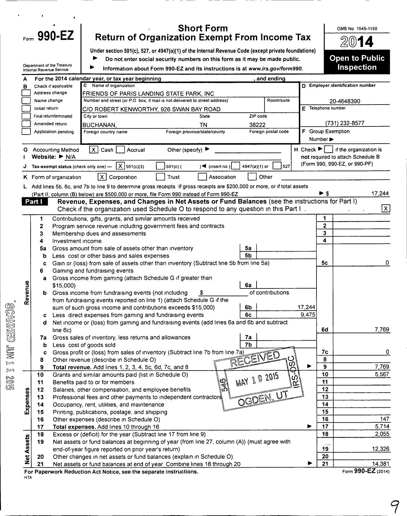 Image of first page of 2014 Form 990EZ for Friends of the Paris Landing State Park