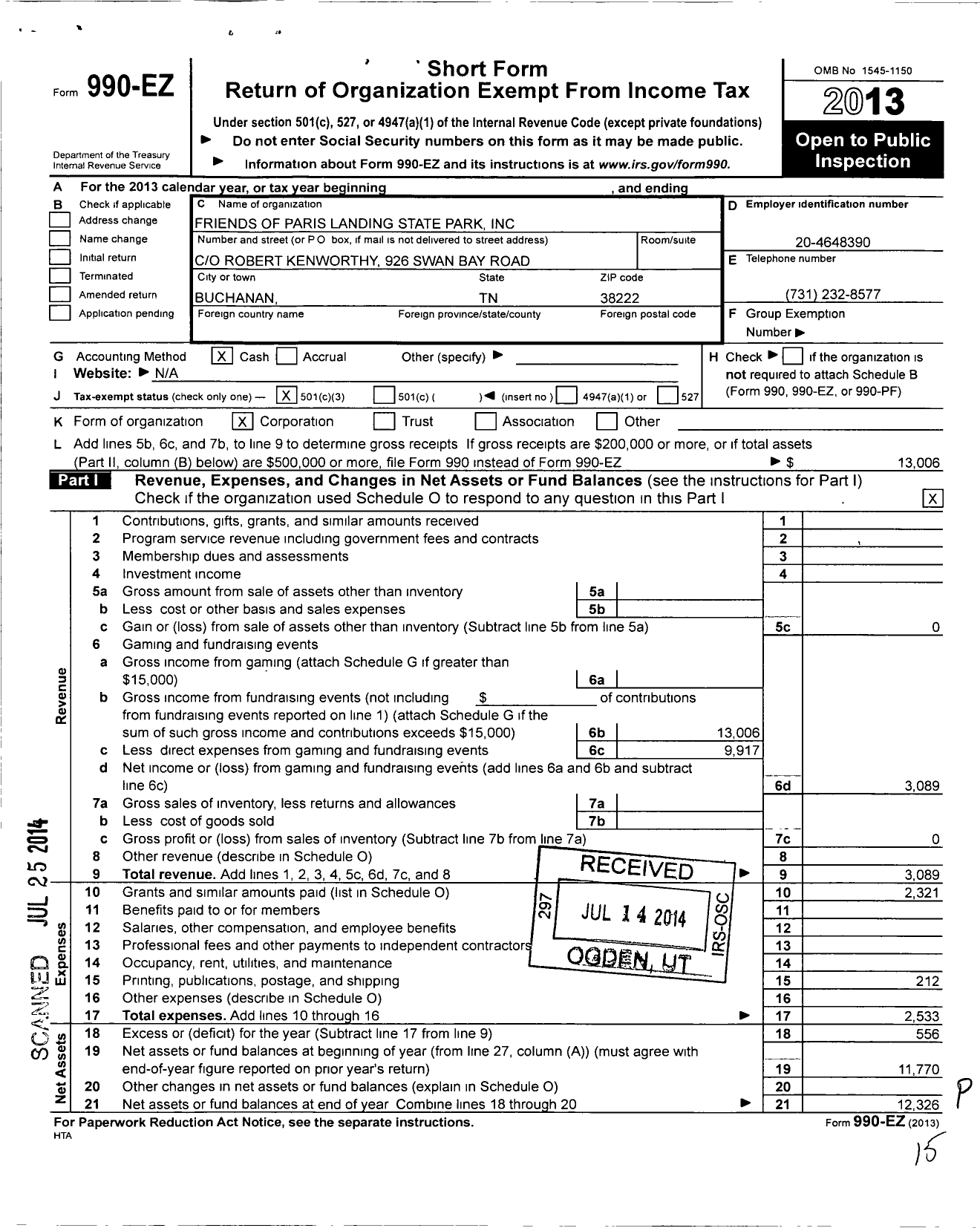 Image of first page of 2013 Form 990EZ for Friends of the Paris Landing State Park