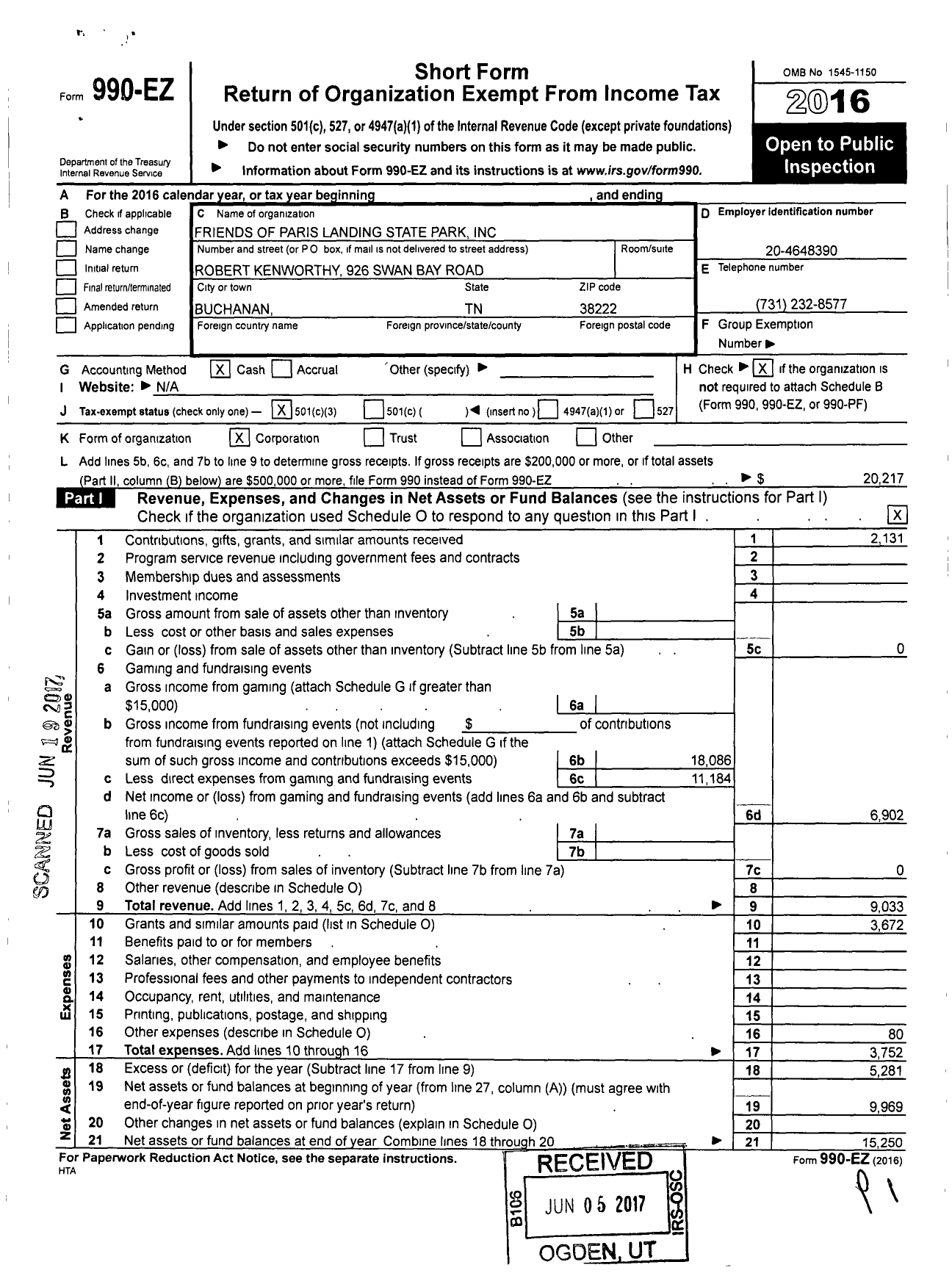 Image of first page of 2016 Form 990EZ for Friends of the Paris Landing State Park