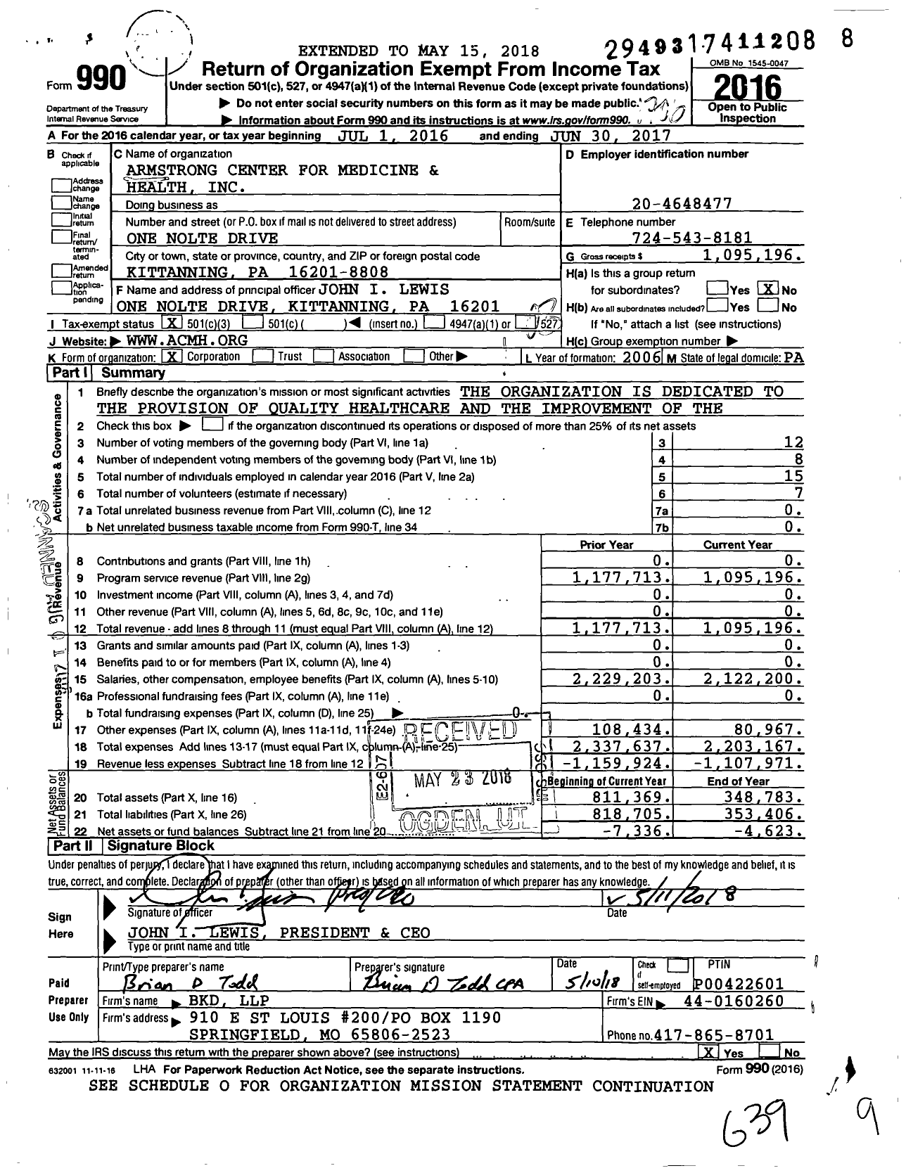 Image of first page of 2016 Form 990 for Armstrong Center for Medicine and Health (ACMH)