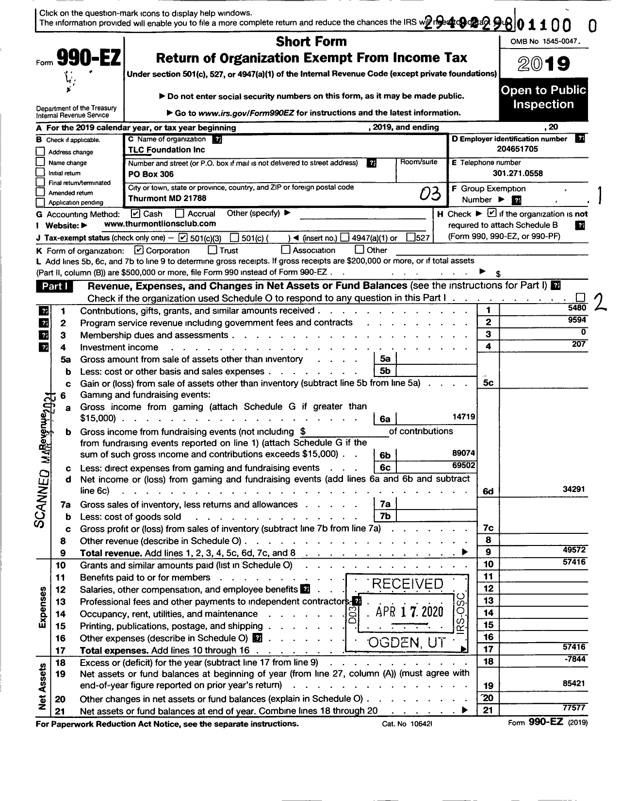 Image of first page of 2019 Form 990EZ for TLC Foundation