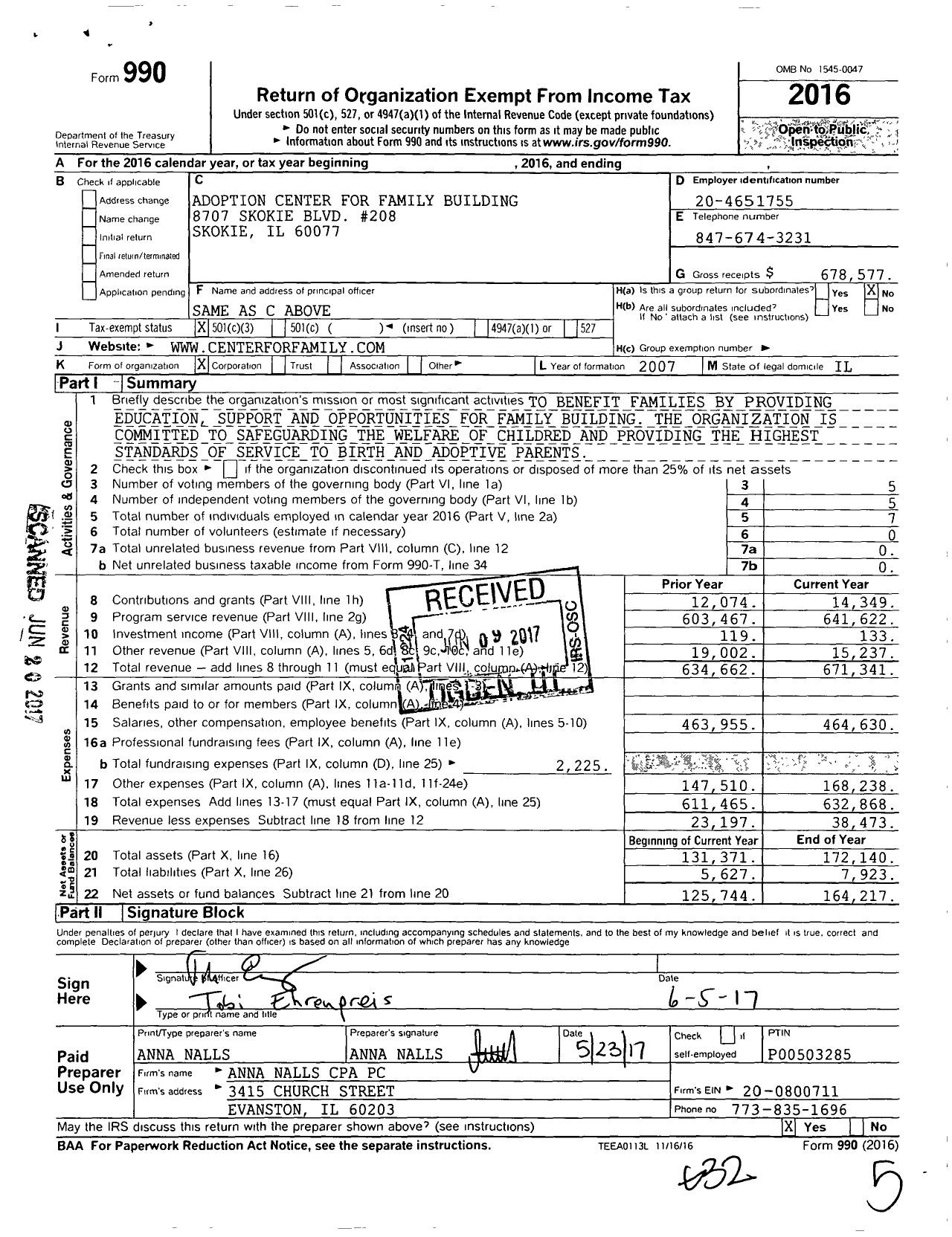 Image of first page of 2016 Form 990 for Adoption Center for Family Building
