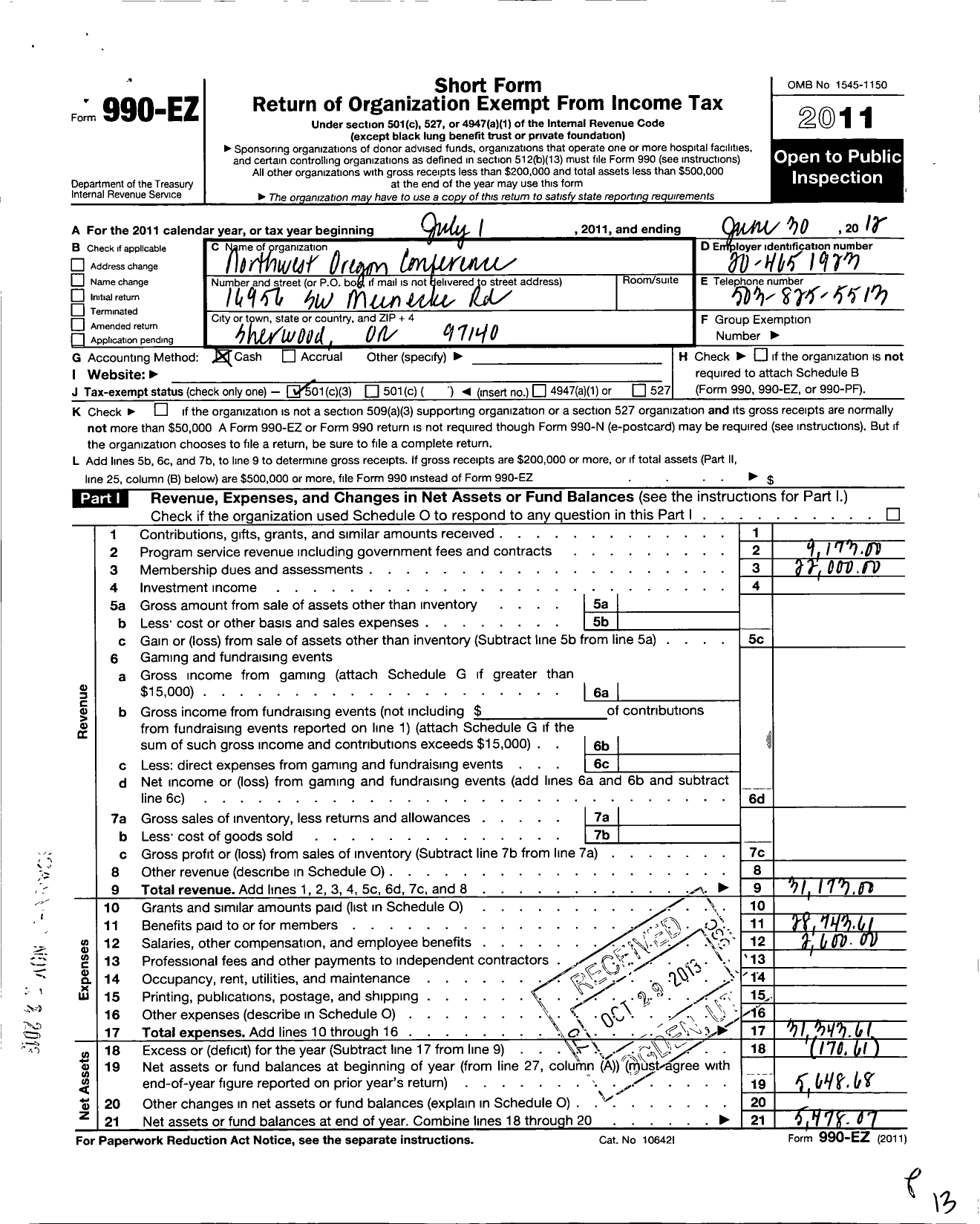 Image of first page of 2011 Form 990EZ for Northwest Oregon Conference