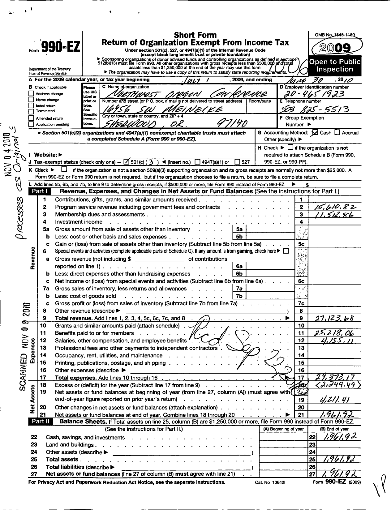 Image of first page of 2009 Form 990EZ for Northwest Oregon Conference