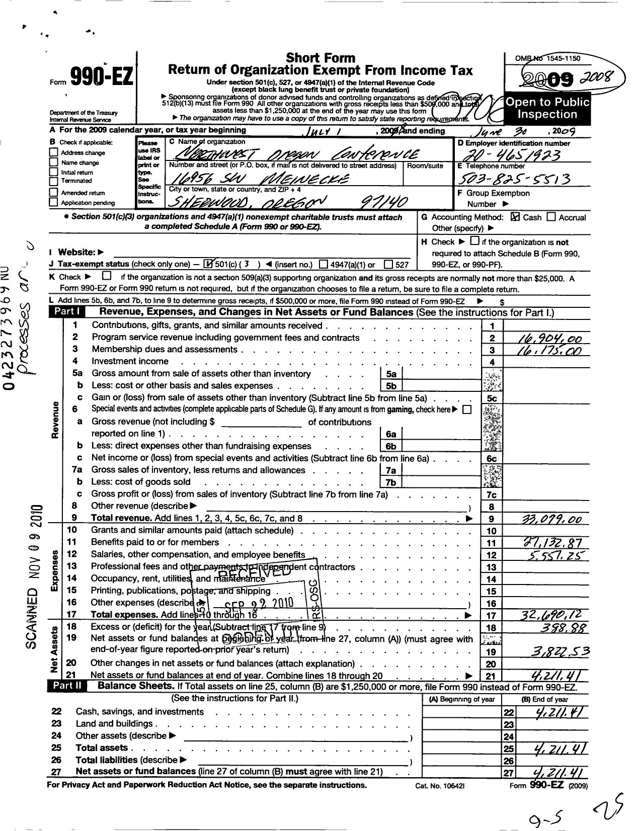 Image of first page of 2008 Form 990EZ for Northwest Oregon Conference