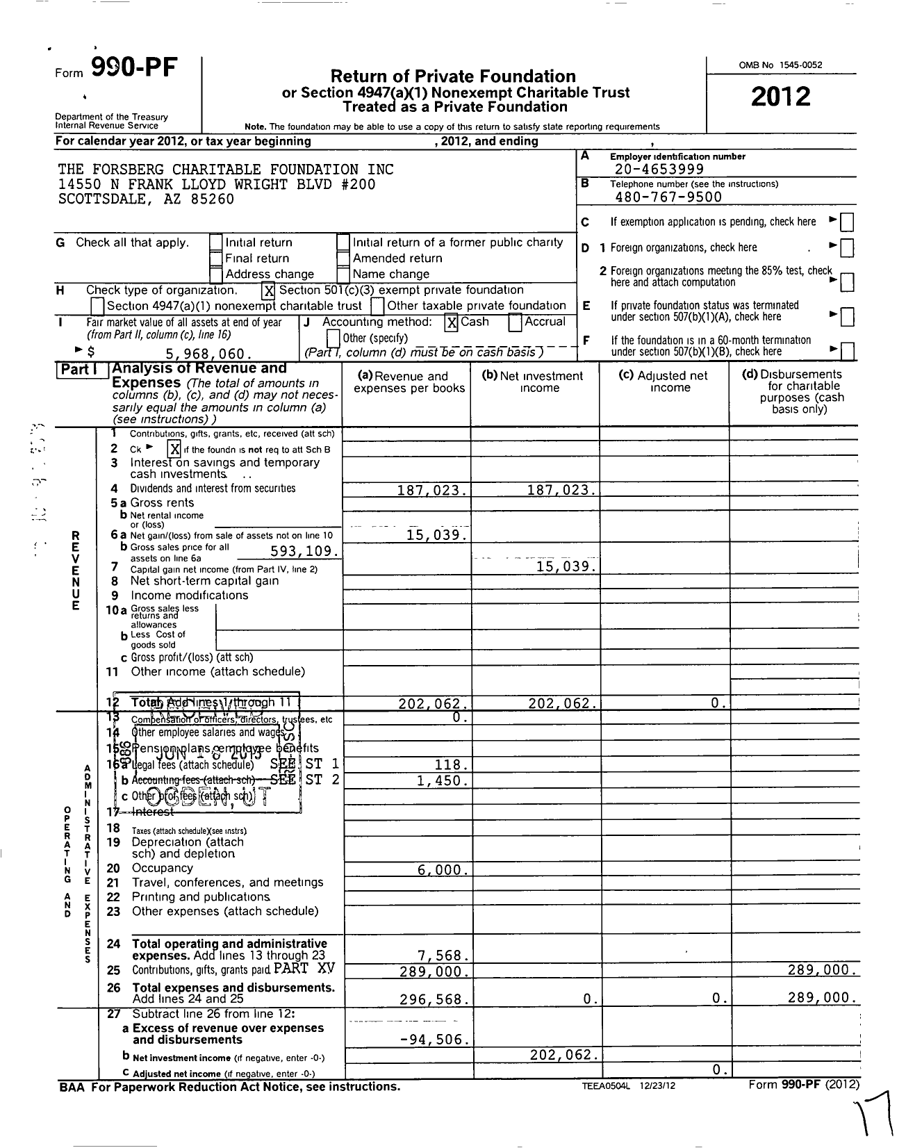 Image of first page of 2012 Form 990PF for The Forsberg Charitable Foundation