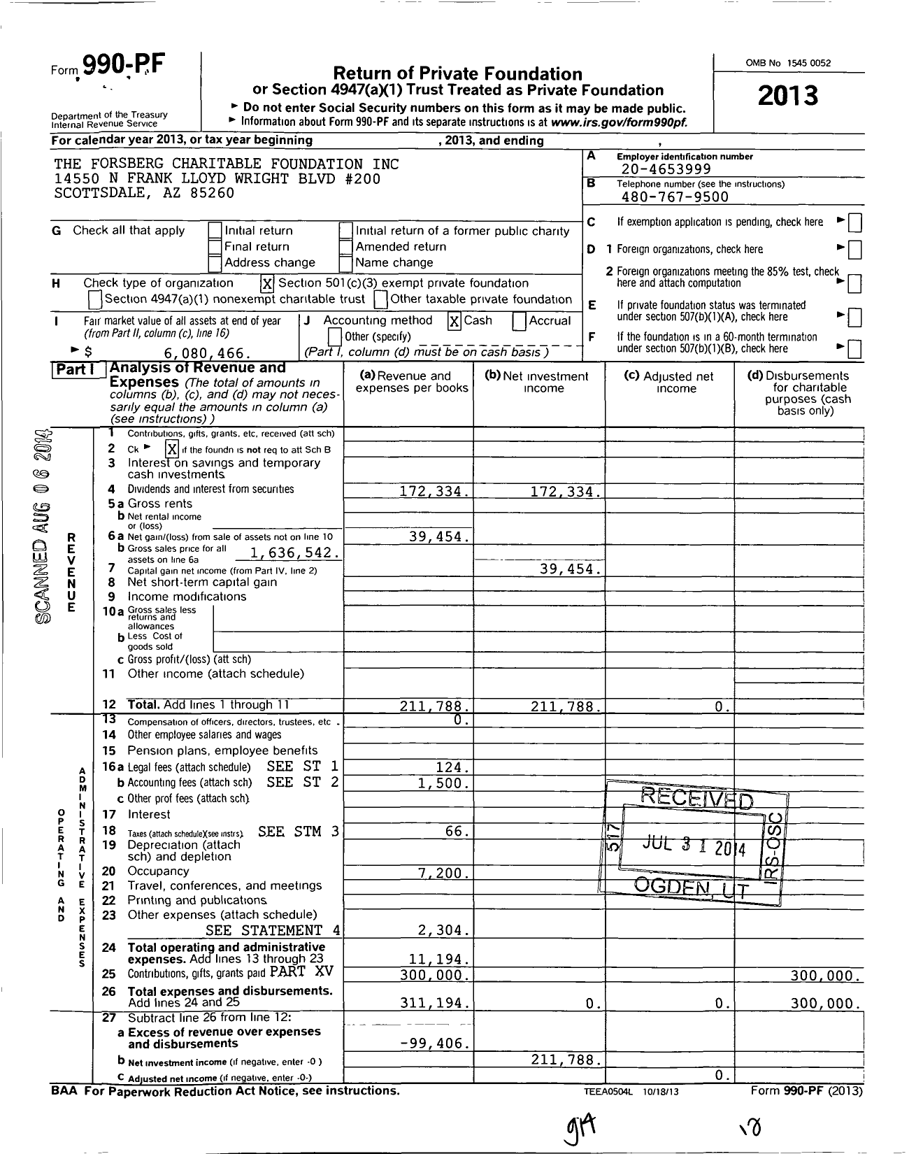 Image of first page of 2013 Form 990PF for The Forsberg Charitable Foundation