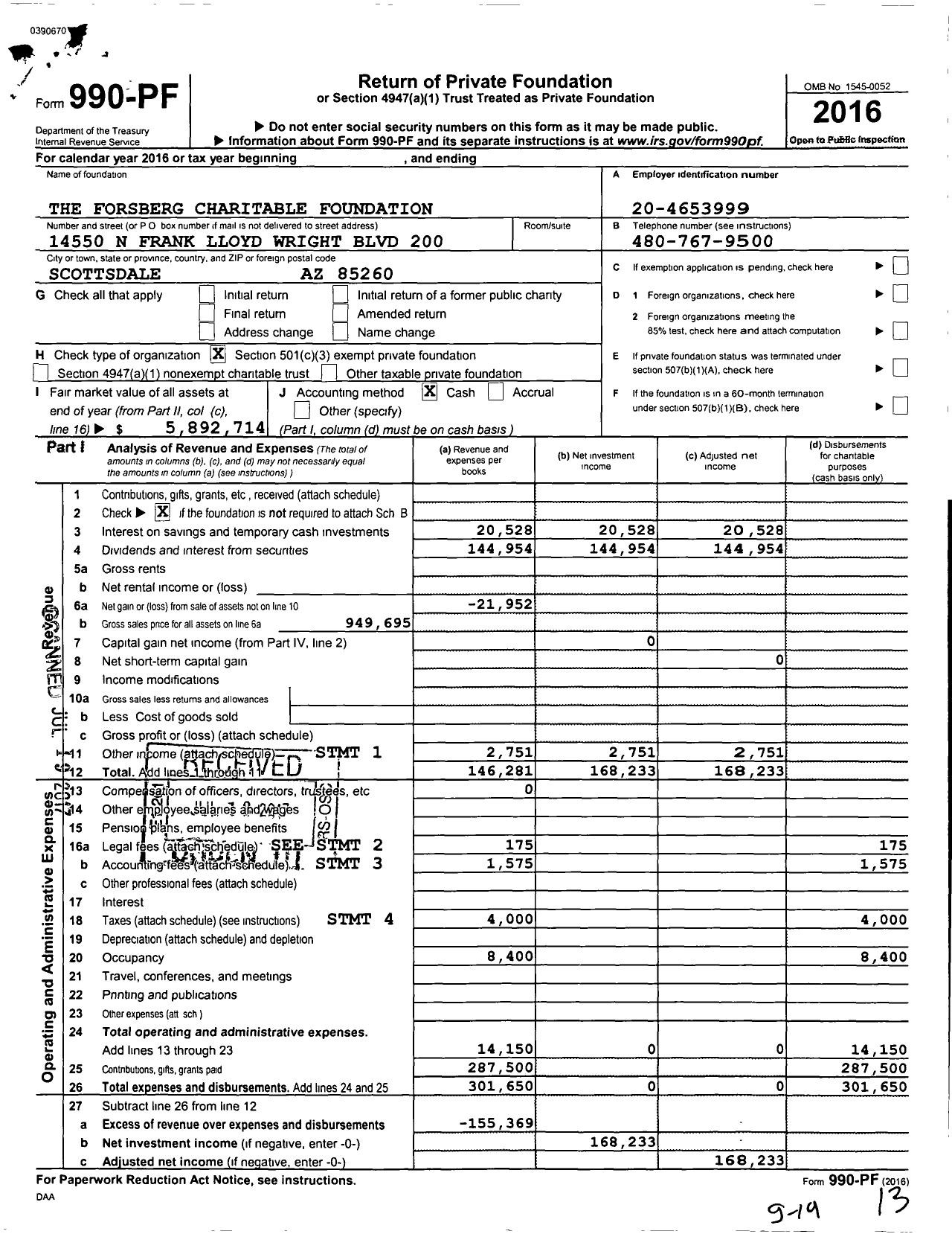 Image of first page of 2016 Form 990PF for The Forsberg Charitable Foundation