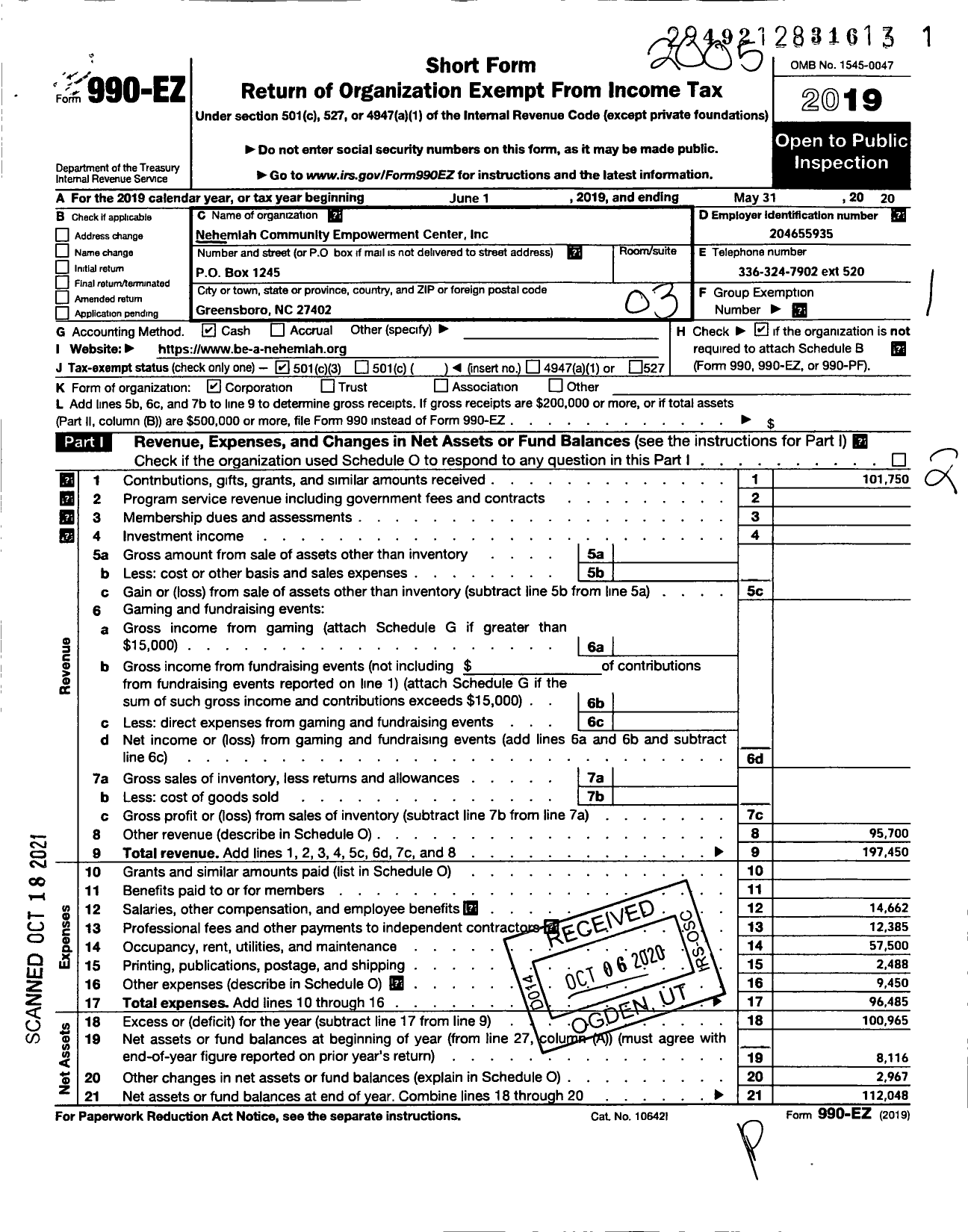 Image of first page of 2019 Form 990EZ for Nehemiah Community Empowerment Center
