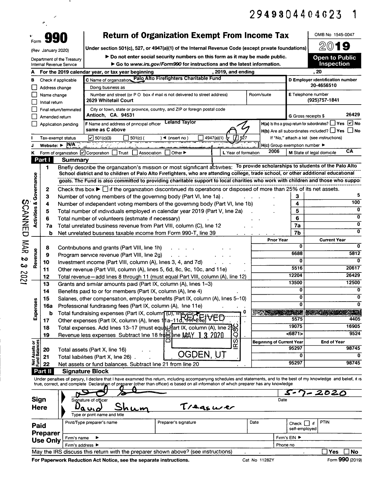 Image of first page of 2019 Form 990 for Palo Alto Firefighters Charitable Fund