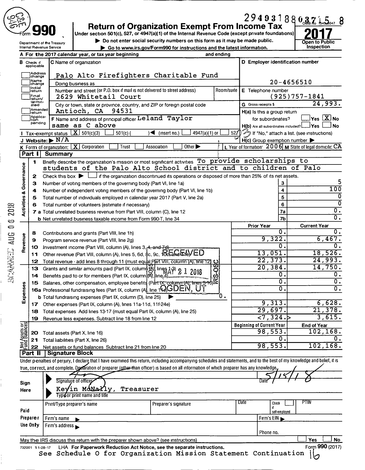 Image of first page of 2017 Form 990 for Palo Alto Firefighters Charitable Fund