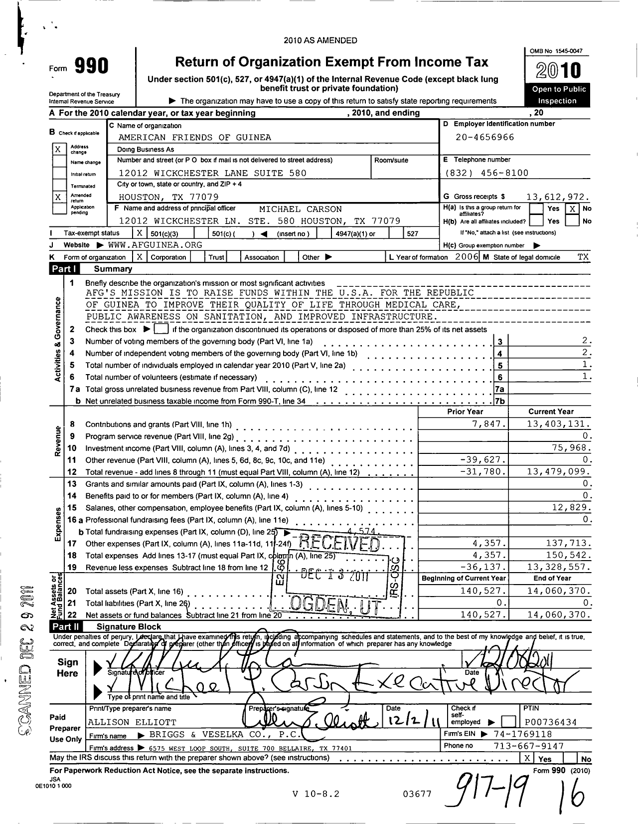 Image of first page of 2010 Form 990 for American Friends of Guinea