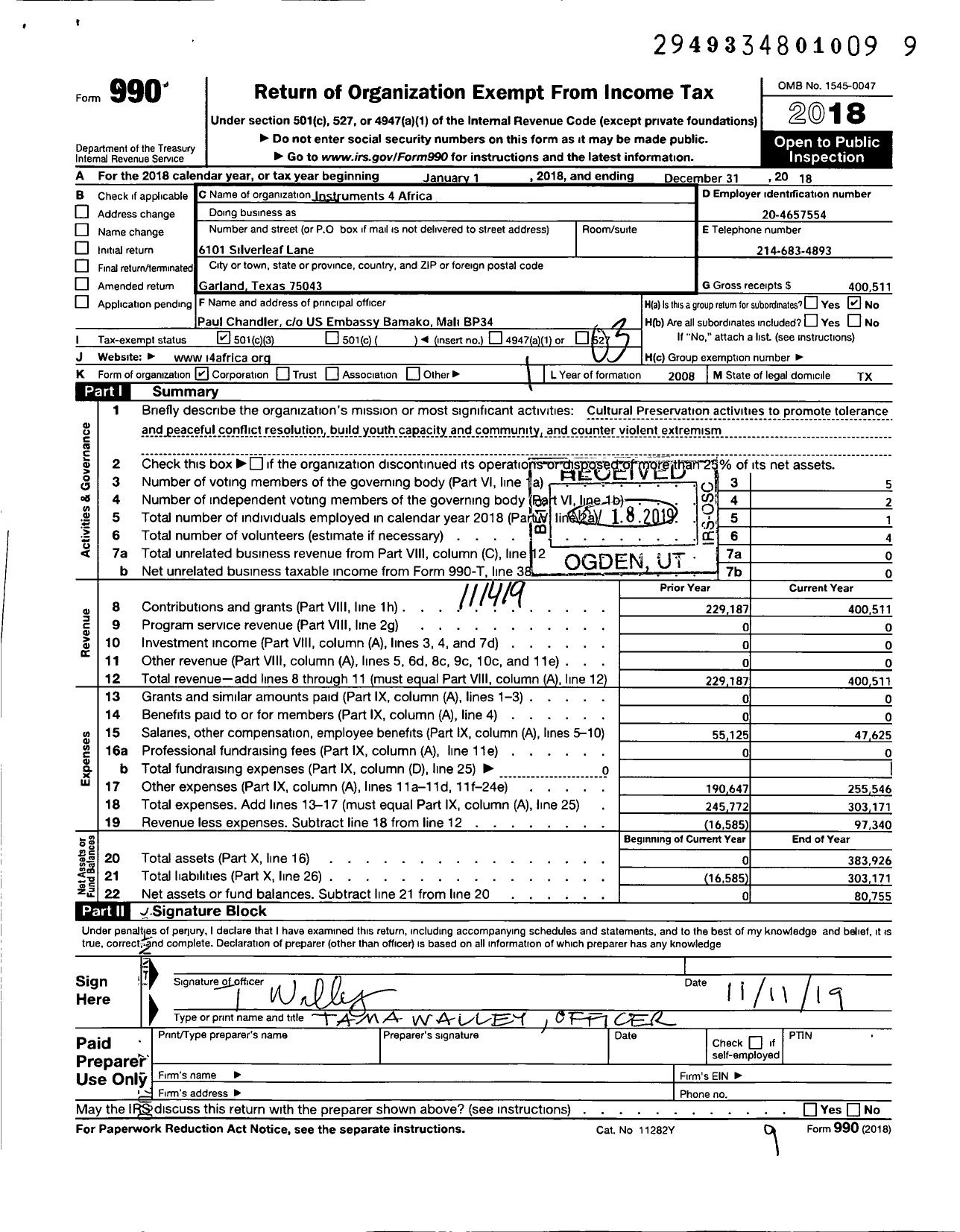 Image of first page of 2018 Form 990 for Instruments 4 Africa