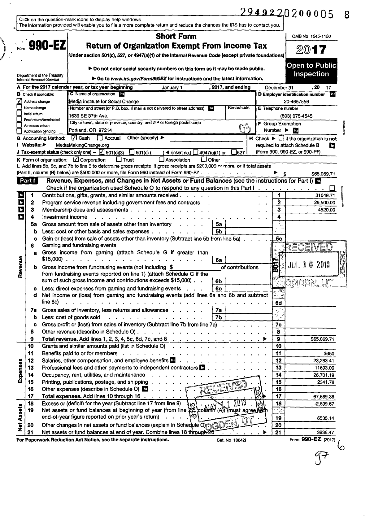 Image of first page of 2017 Form 990EZ for Media Institute for Social Change