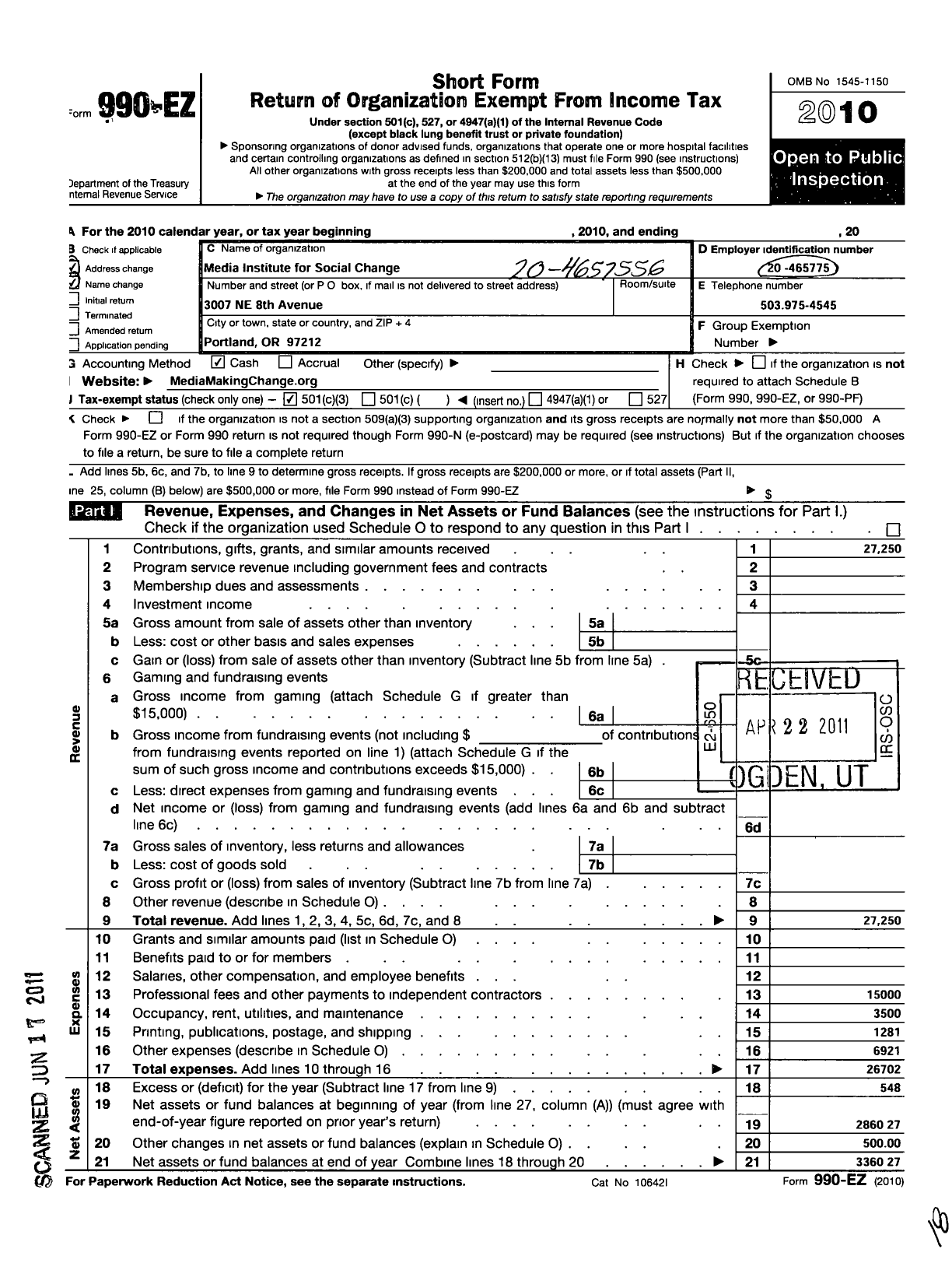 Image of first page of 2010 Form 990EZ for Media Institute for Social Change