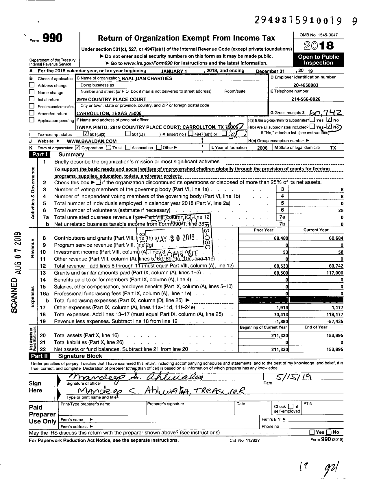 Image of first page of 2019 Form 990 for Baal Dan Charities