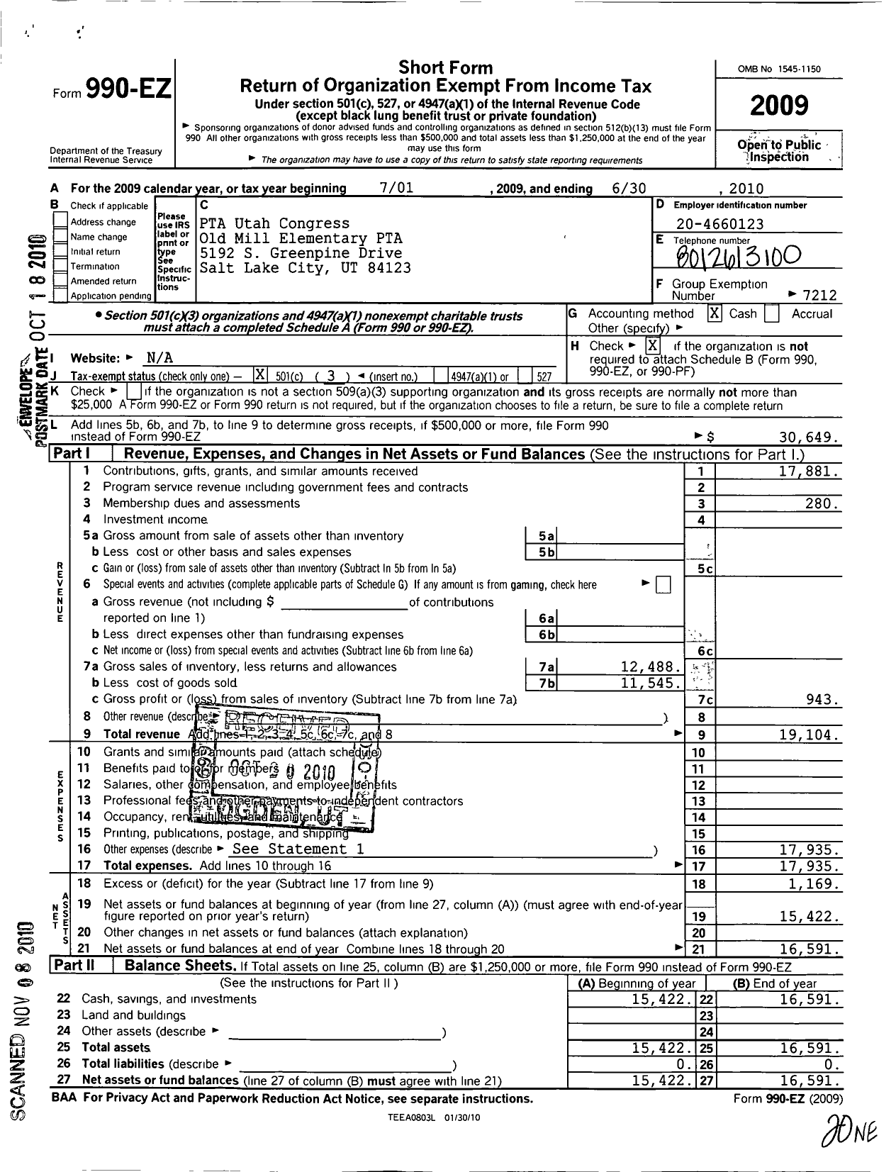 Image of first page of 2009 Form 990EZ for PTA Utah Congress / Old Mill Elementary PTA