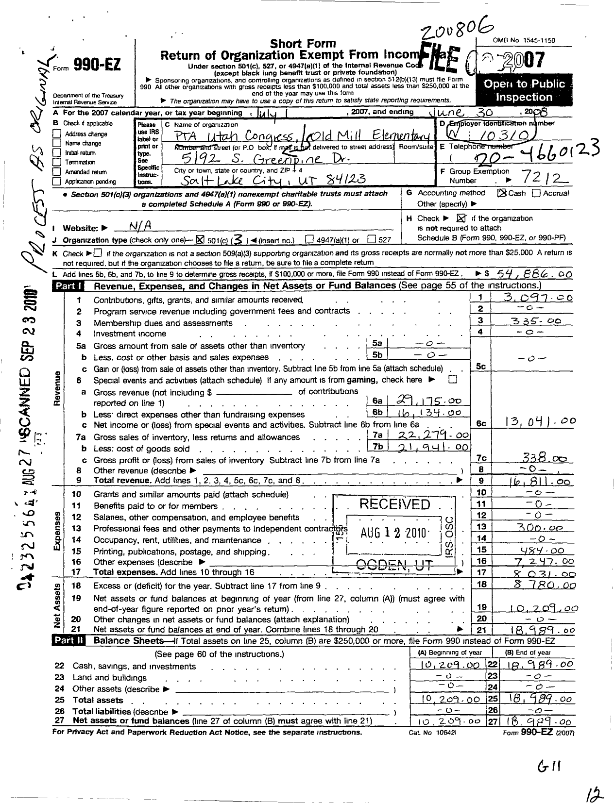 Image of first page of 2007 Form 990EZ for PTA Utah Congress / Old Mill Elementary PTA