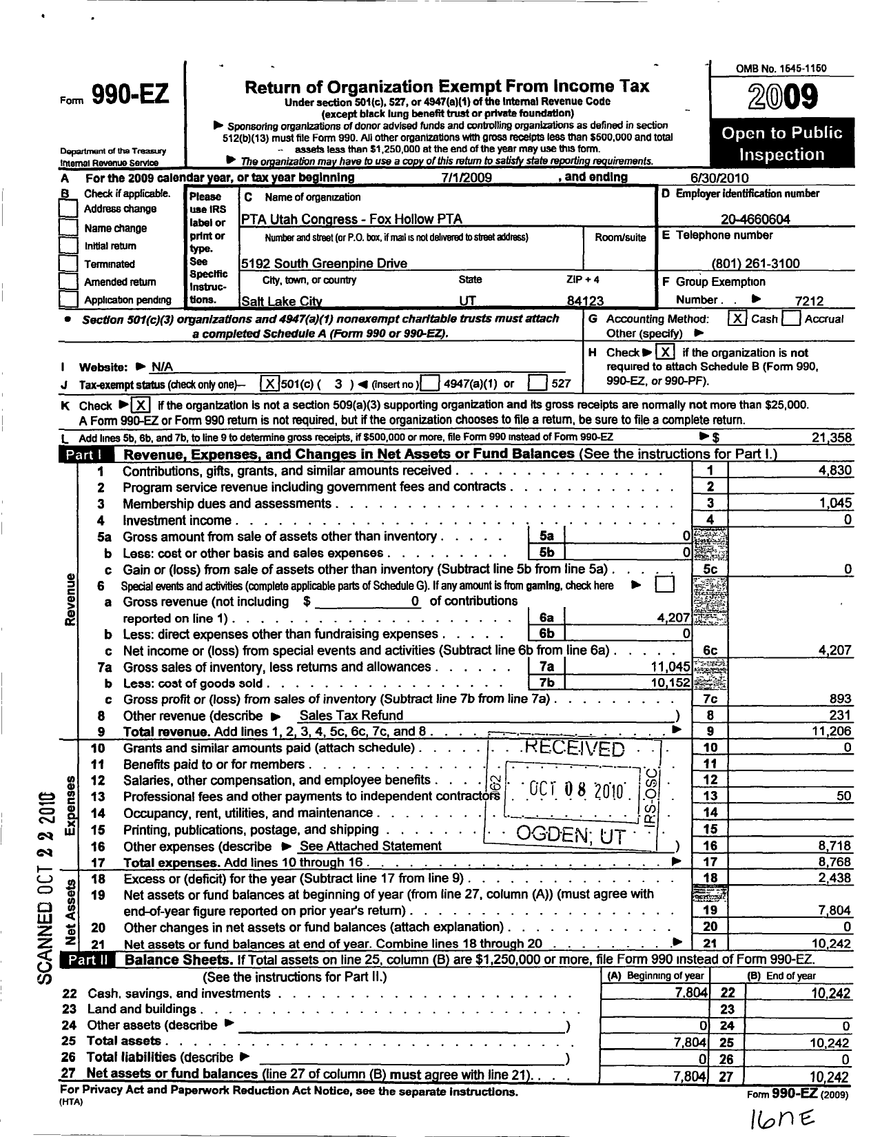 Image of first page of 2009 Form 990EZ for PTA Utah Congress / Fox Hollow Elementary PTA