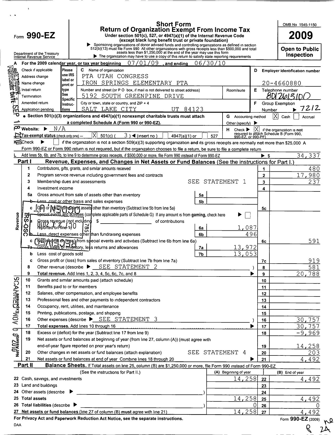 Image of first page of 2009 Form 990EZ for Iron Springs Elementary PTA