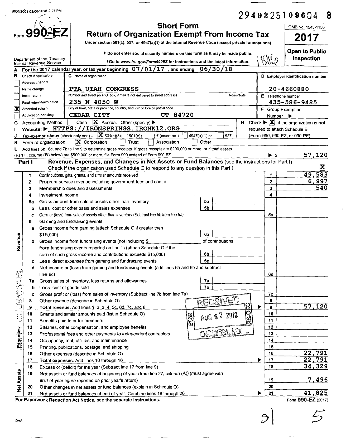 Image of first page of 2017 Form 990EZ for Iron Springs Elementary PTA