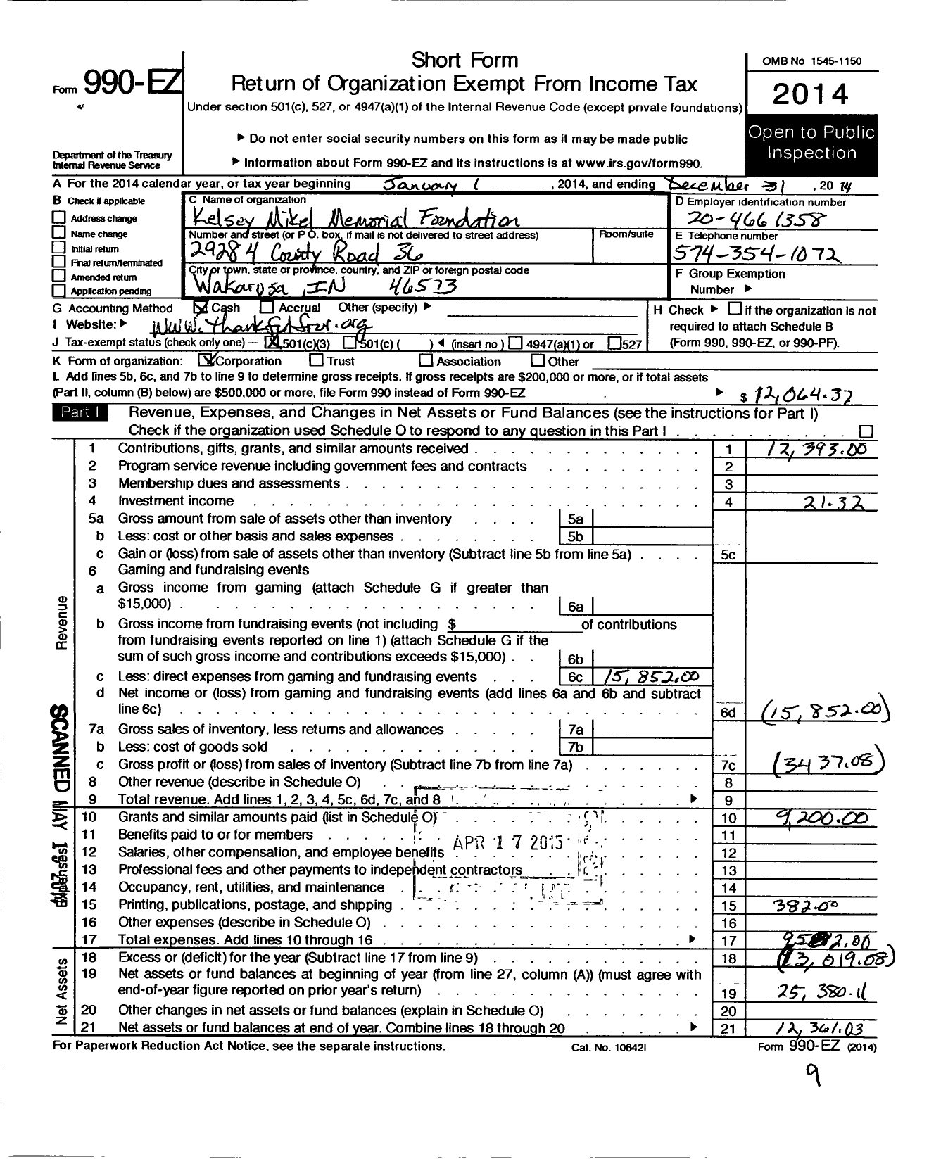 Image of first page of 2014 Form 990EZ for Kelsey Mikel Memorial Foundation