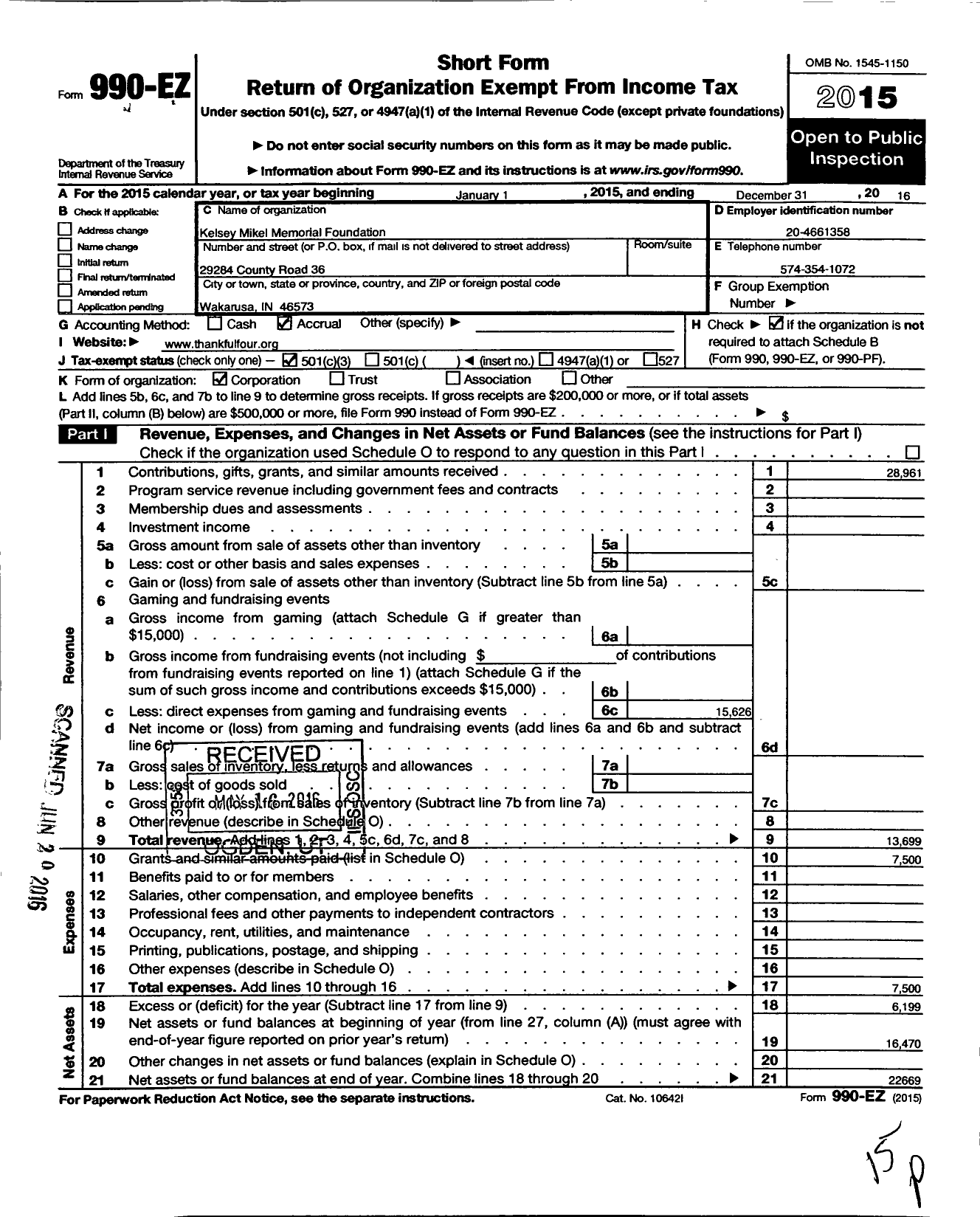 Image of first page of 2016 Form 990EZ for Kelsey Mikel Memorial Foundation