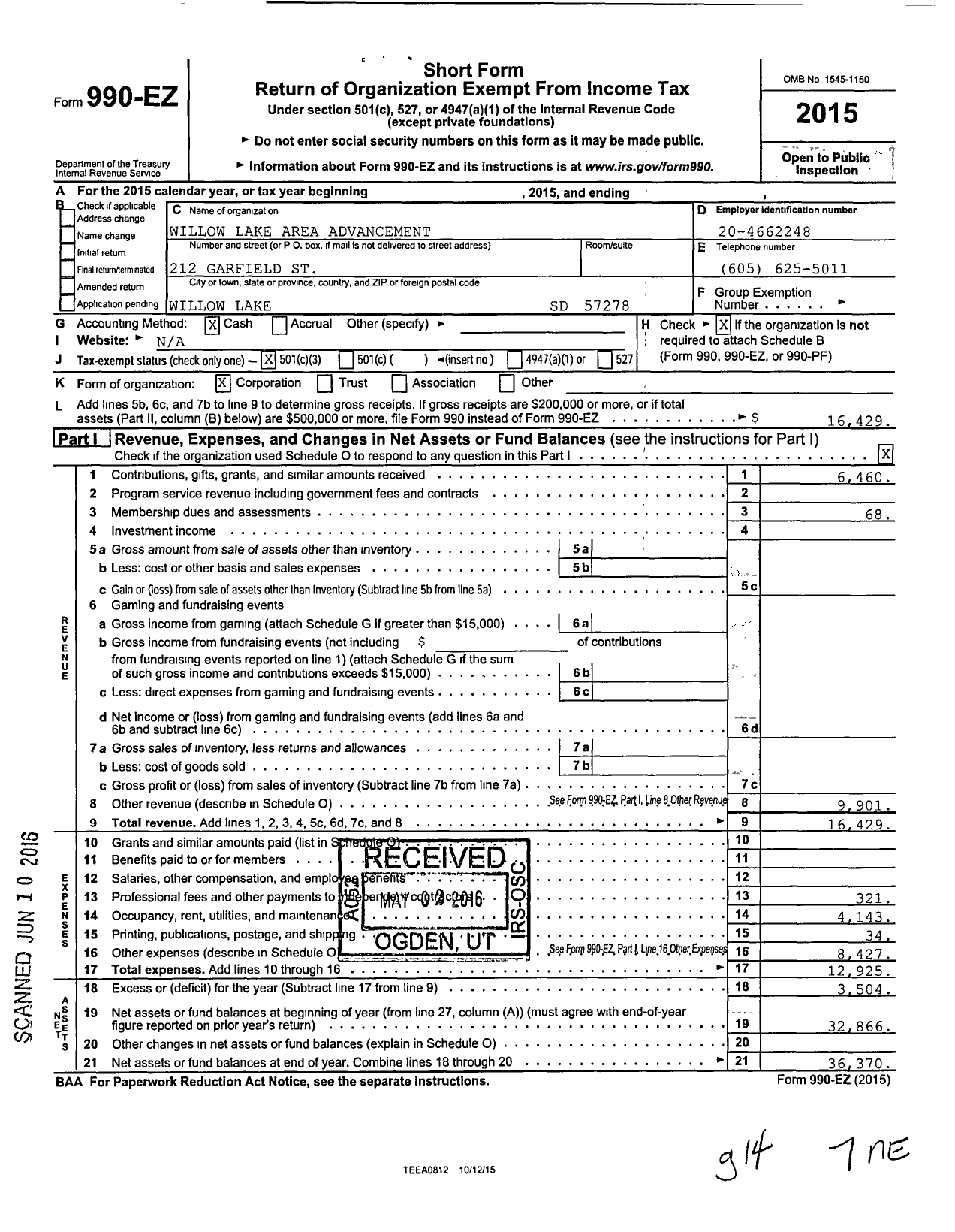 Image of first page of 2015 Form 990EZ for Willow Lake Area Advancement