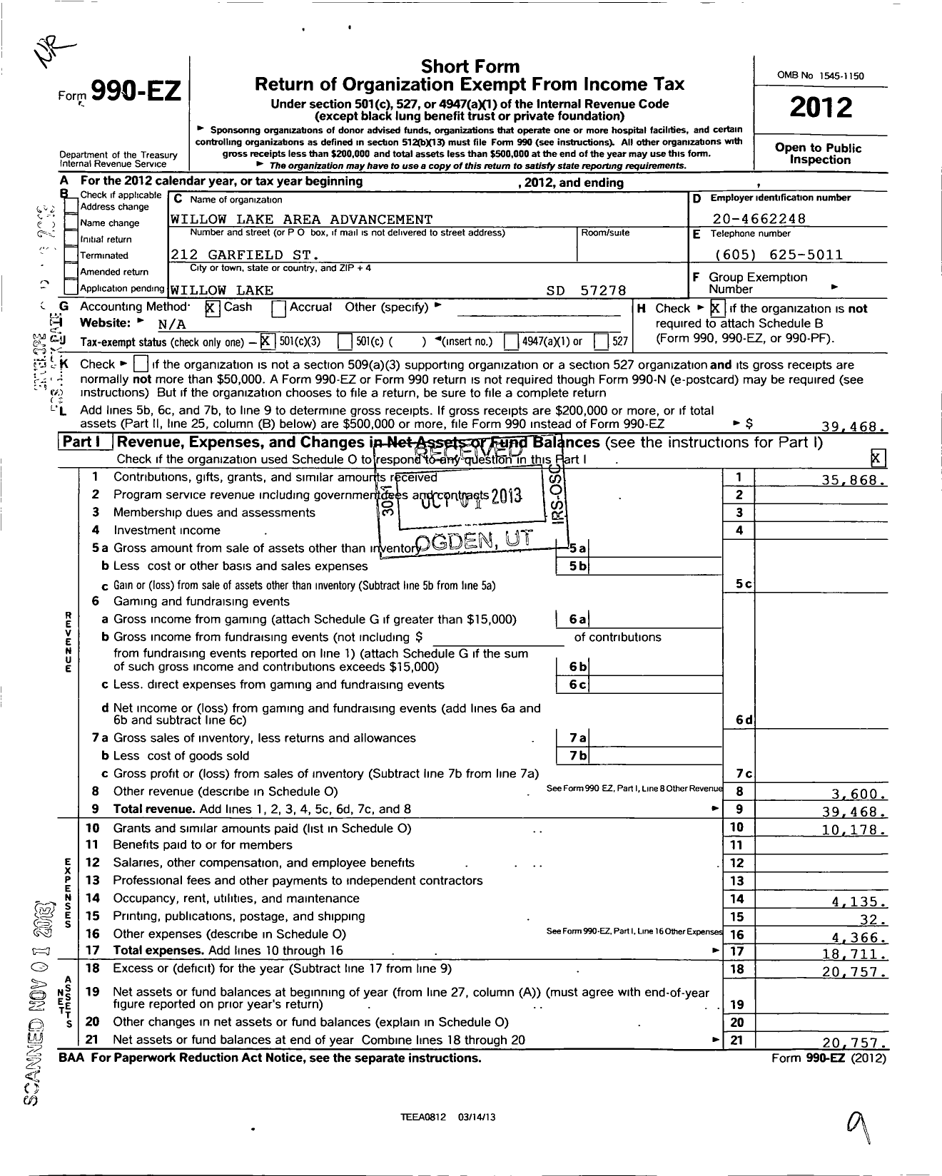 Image of first page of 2012 Form 990EZ for Willow Lake Area Advancement
