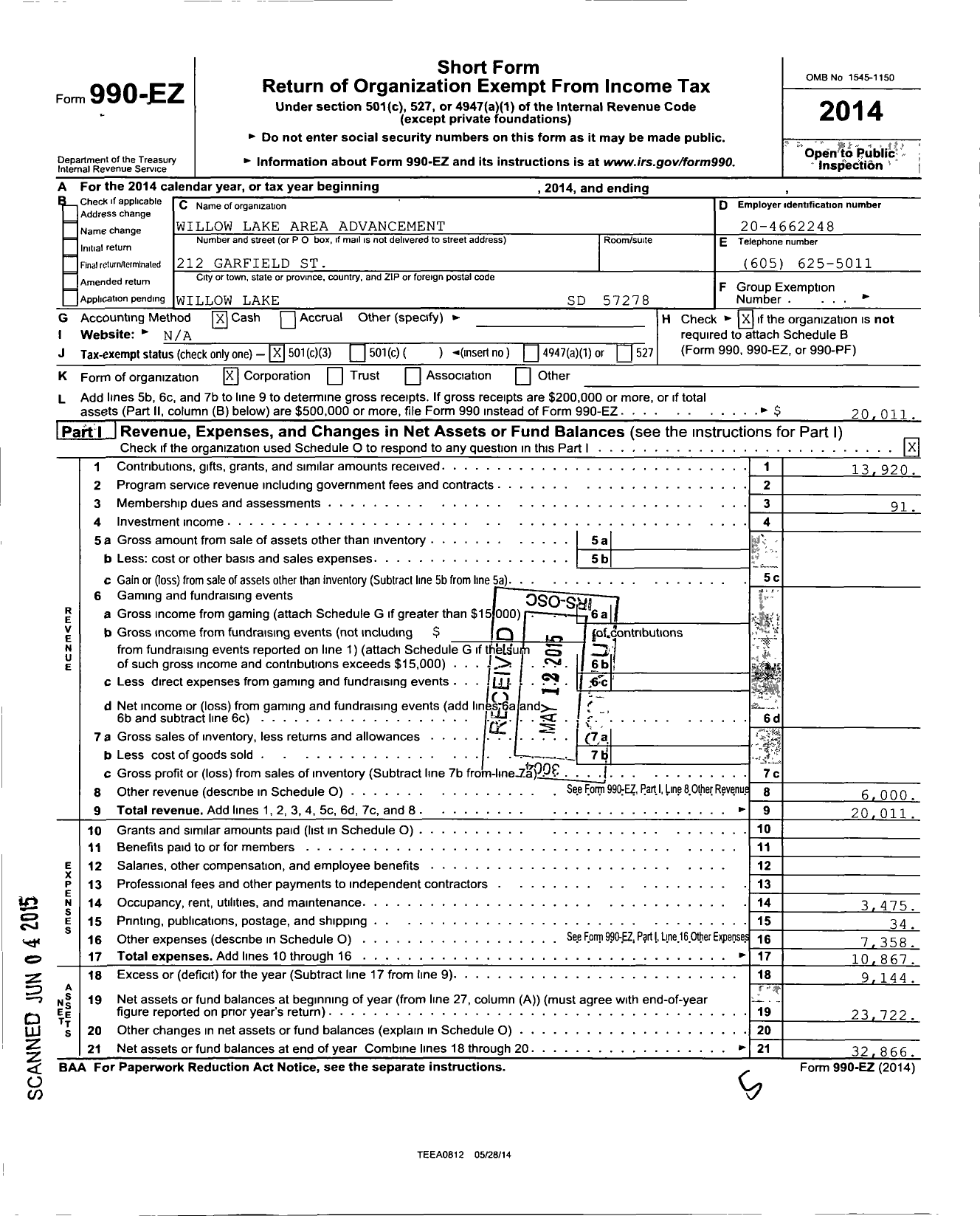 Image of first page of 2014 Form 990EZ for Willow Lake Area Advancement