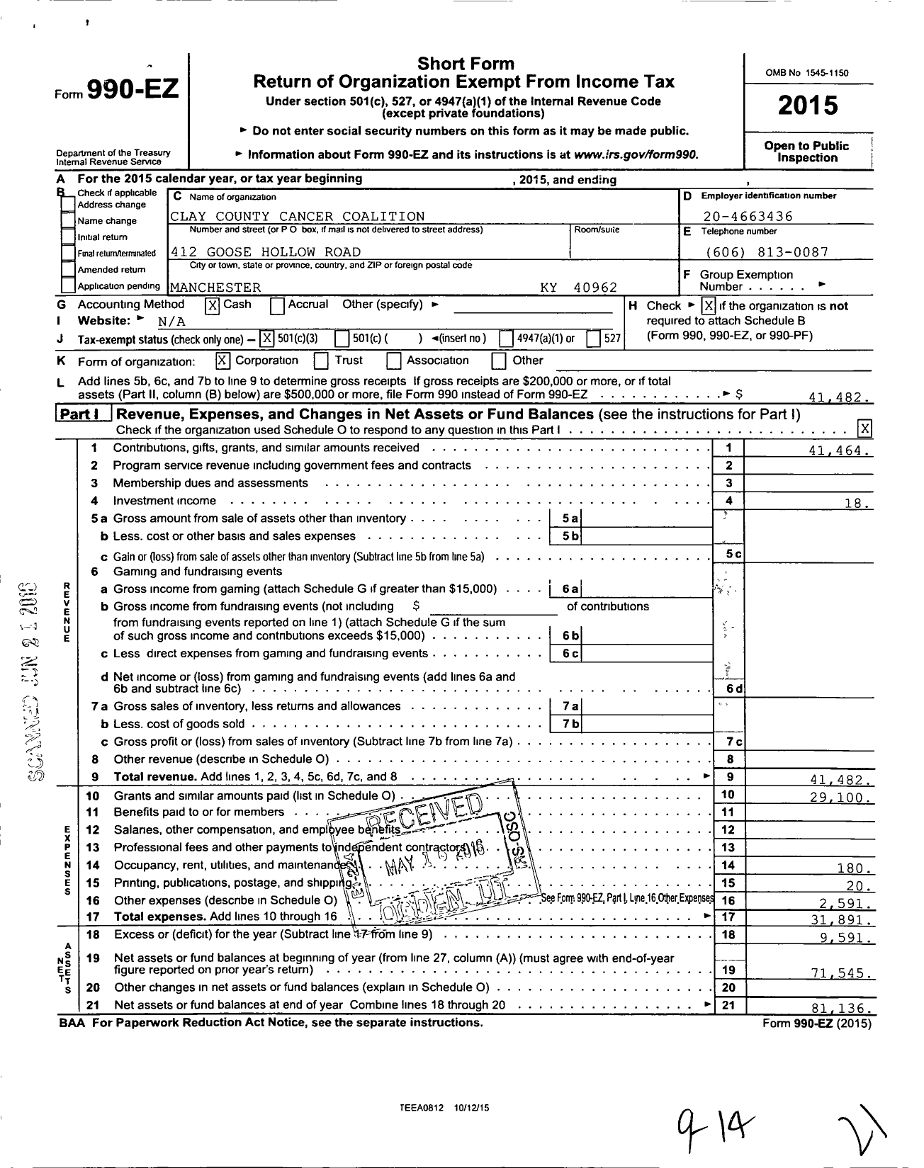 Image of first page of 2015 Form 990EZ for Clay County Cancer Coalition