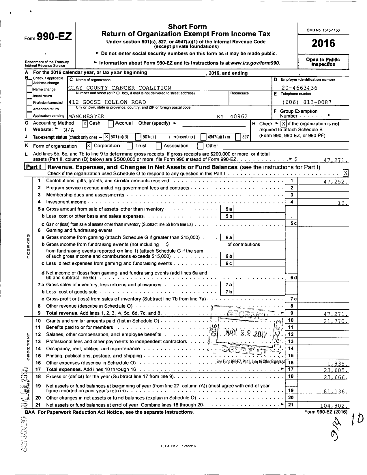 Image of first page of 2016 Form 990EZ for Clay County Cancer Coalition