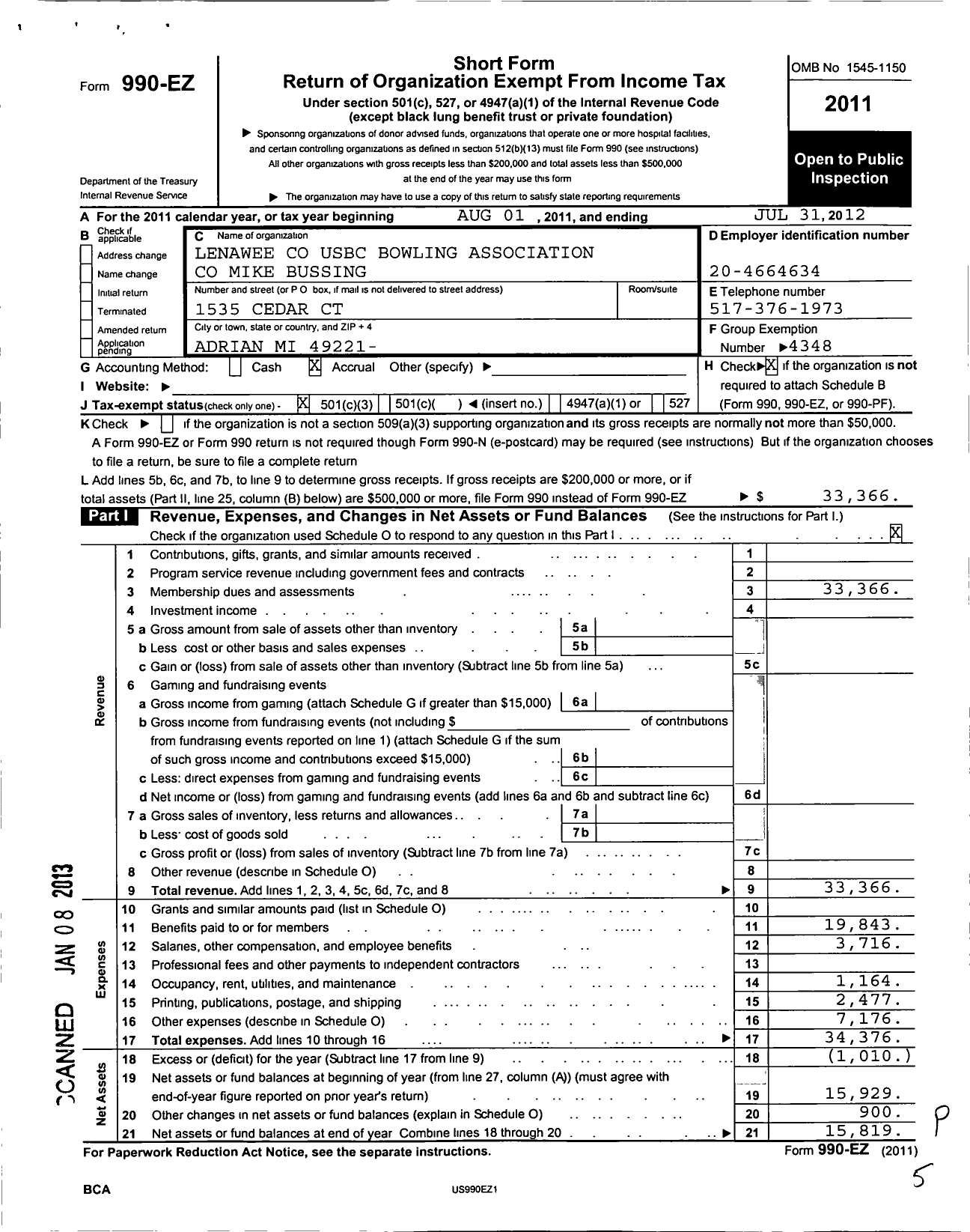 Image of first page of 2011 Form 990EZ for United States Bowling Congress - 81474 Lenawee County Usbc Ba